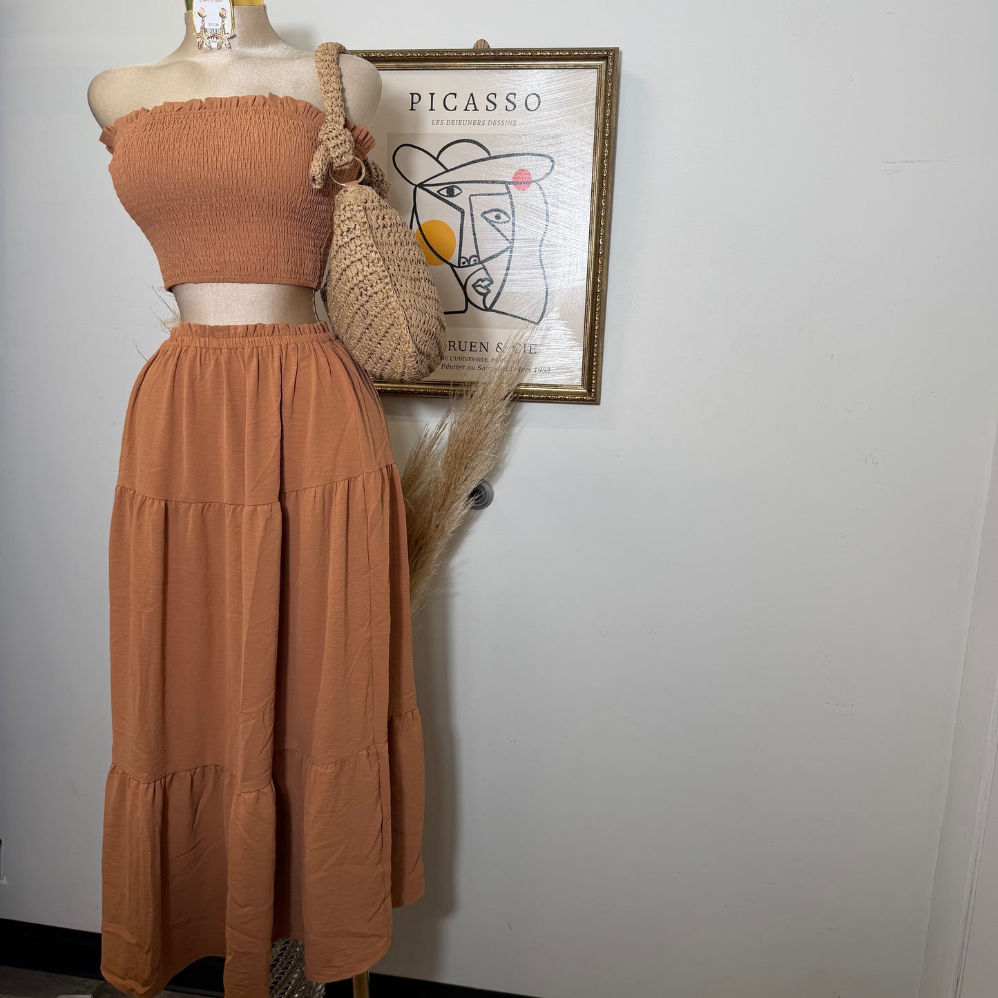 Smocking Tube Top and Ruffles Hem Maxi-
