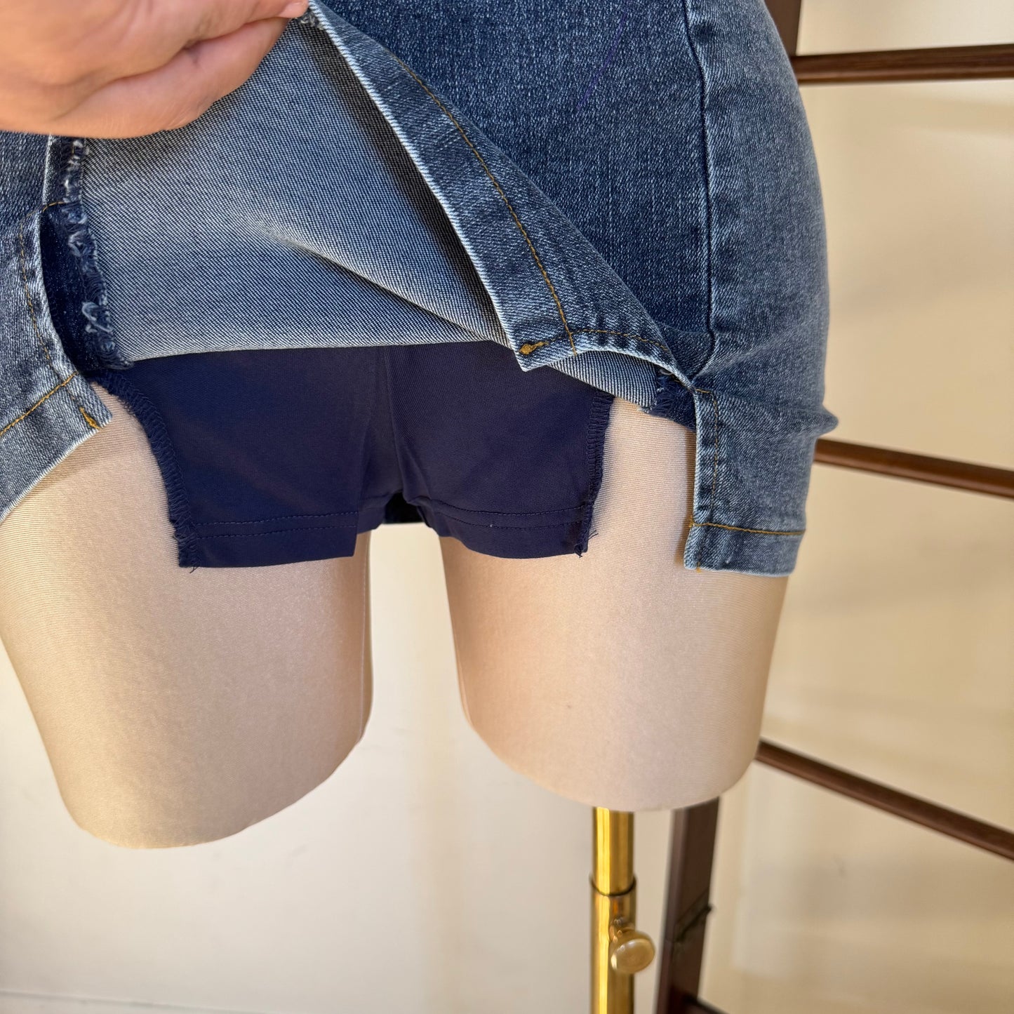 Belted Denim Mini Skirt with short-Blue