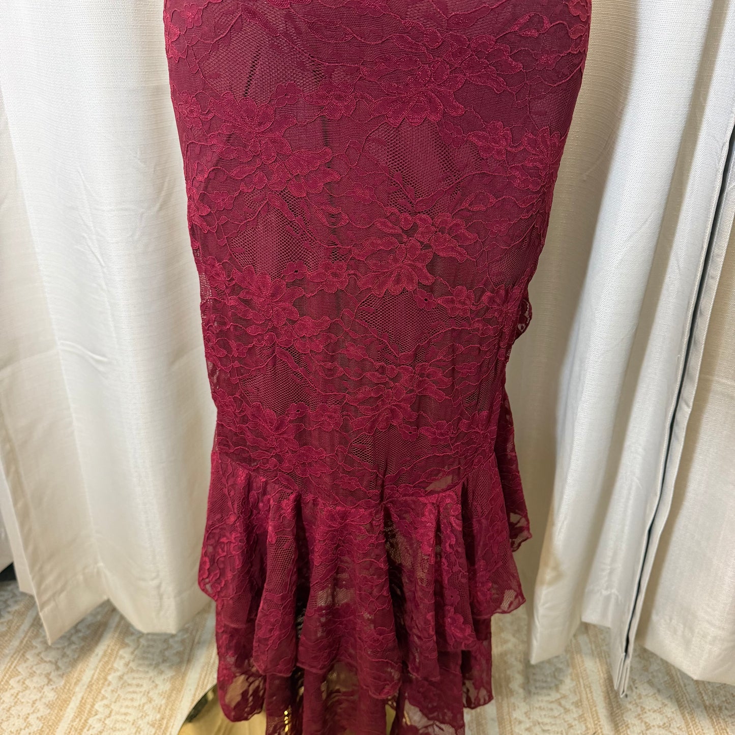 Floral lace Ruffle slit maxi Dress-Burgundy