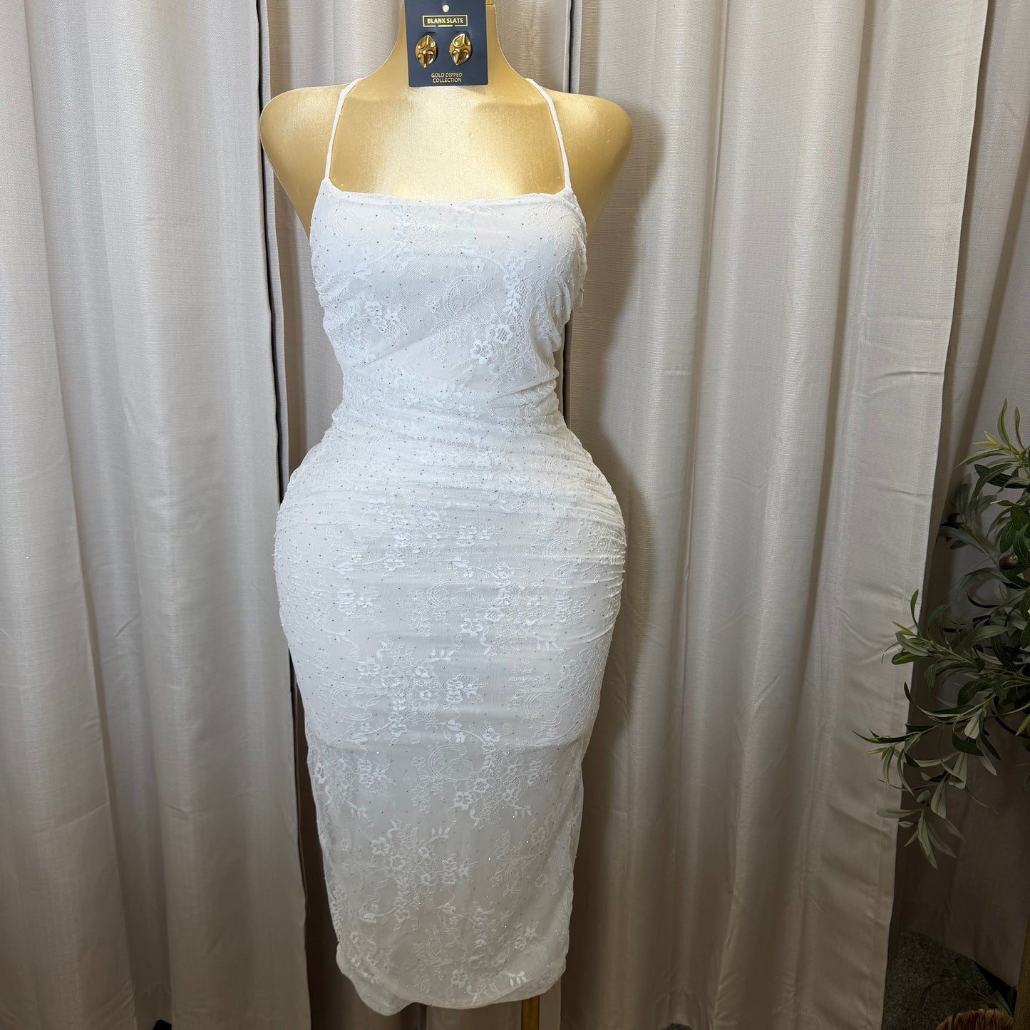 LACE RUCHED MIDI DRESS-White/Ivory