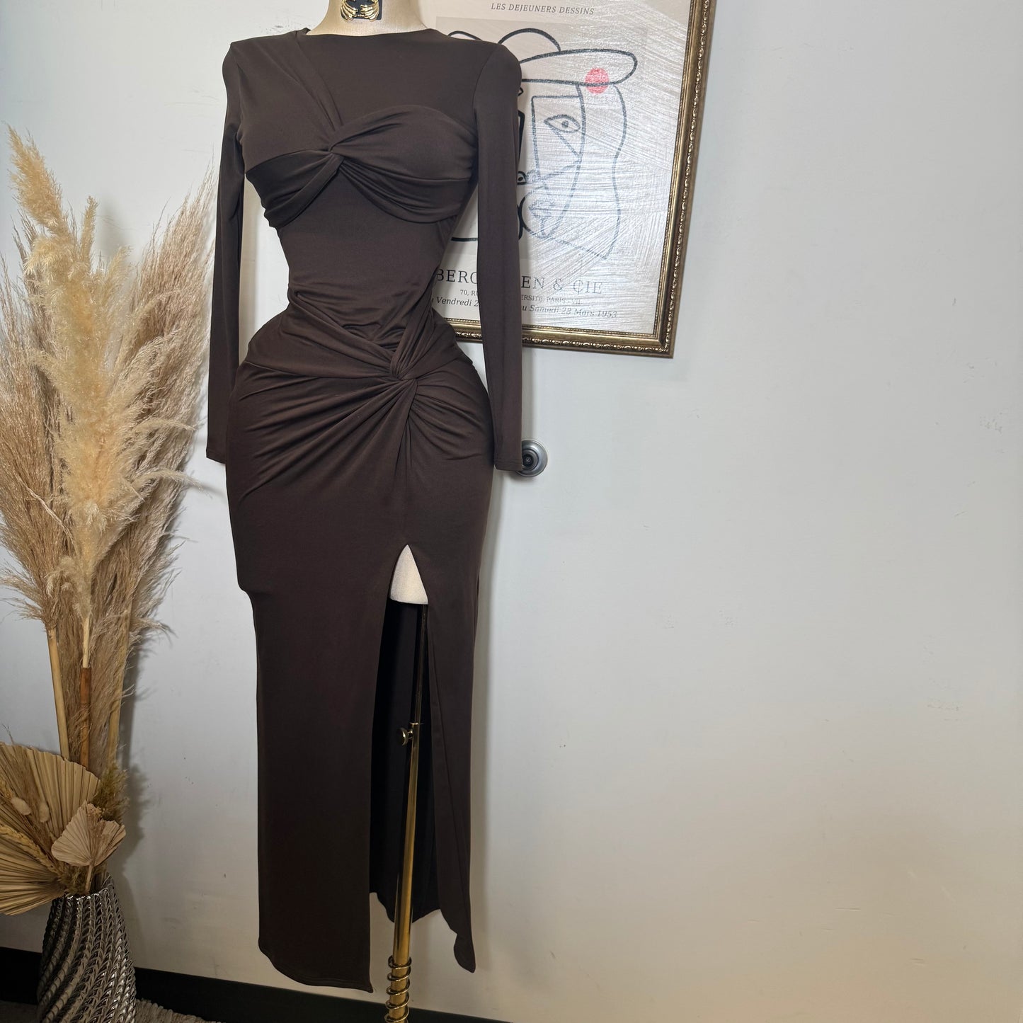 Long sleeve Soft Material Dress-Brown