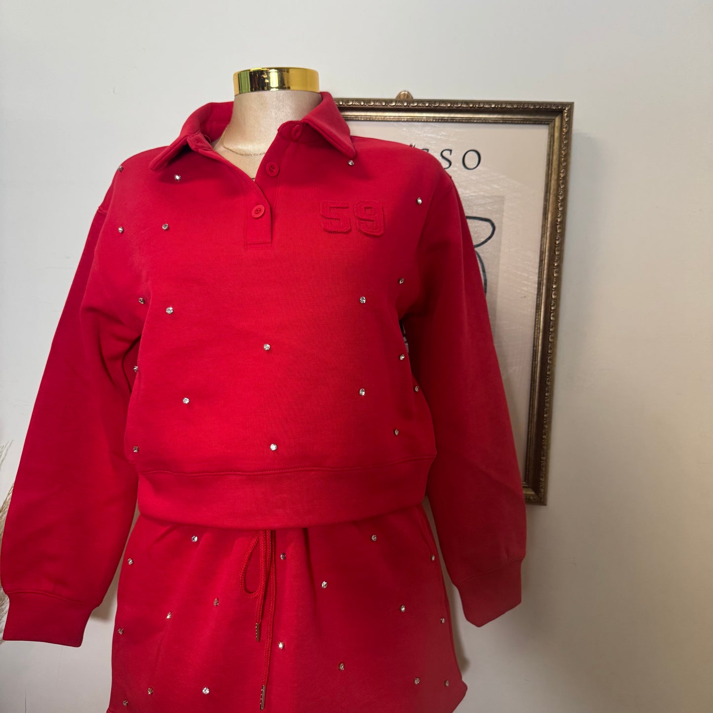 Long Sleeve Embellish scuba Polo Set-Red