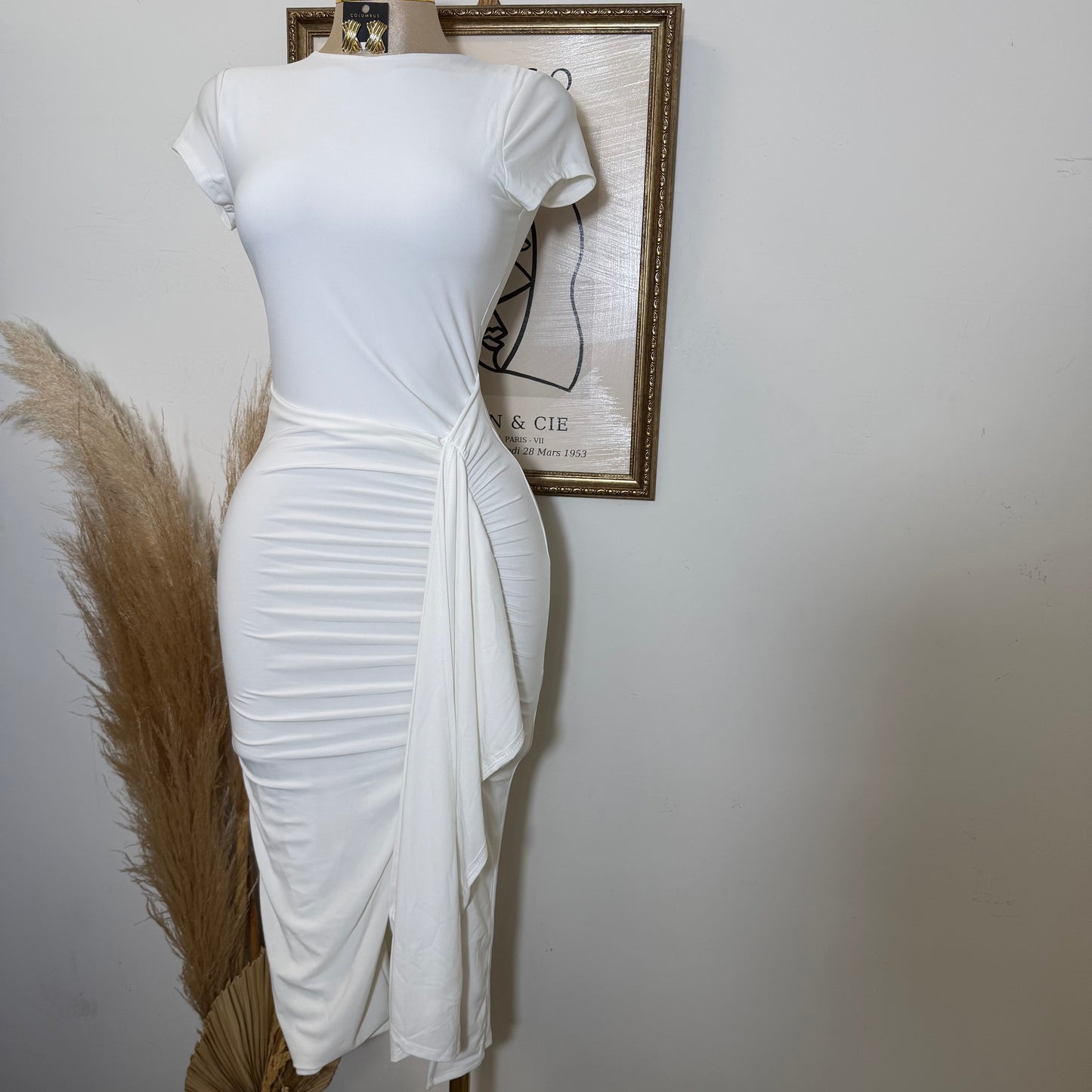 Front slit with sash detail midi Dress-White