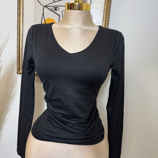 Ruched V-Neck  Long Sleeve Double Layered Top-Black