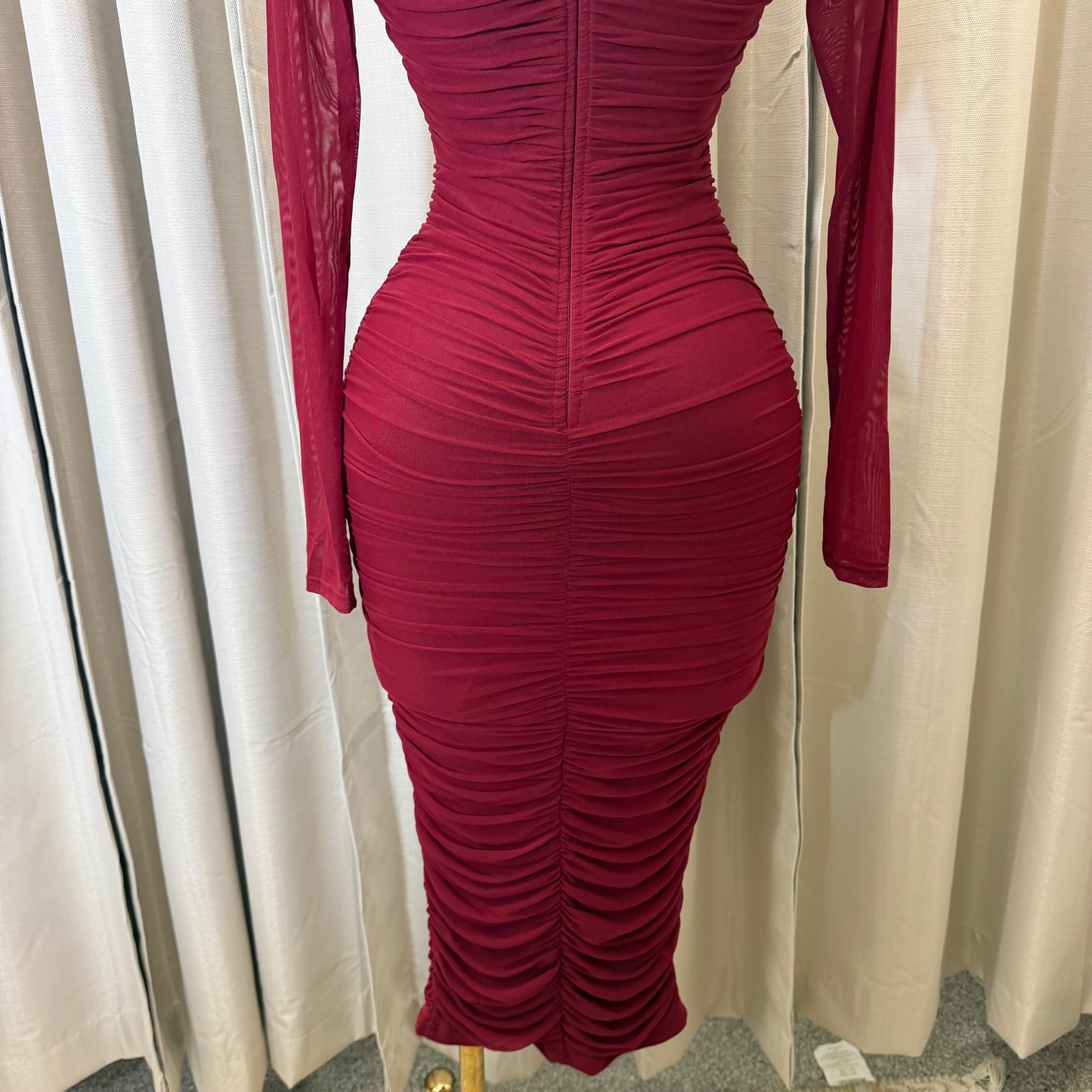 Mesh Long Sleeve Midi Dress w/ a U wire insert-Wine/Burgundy