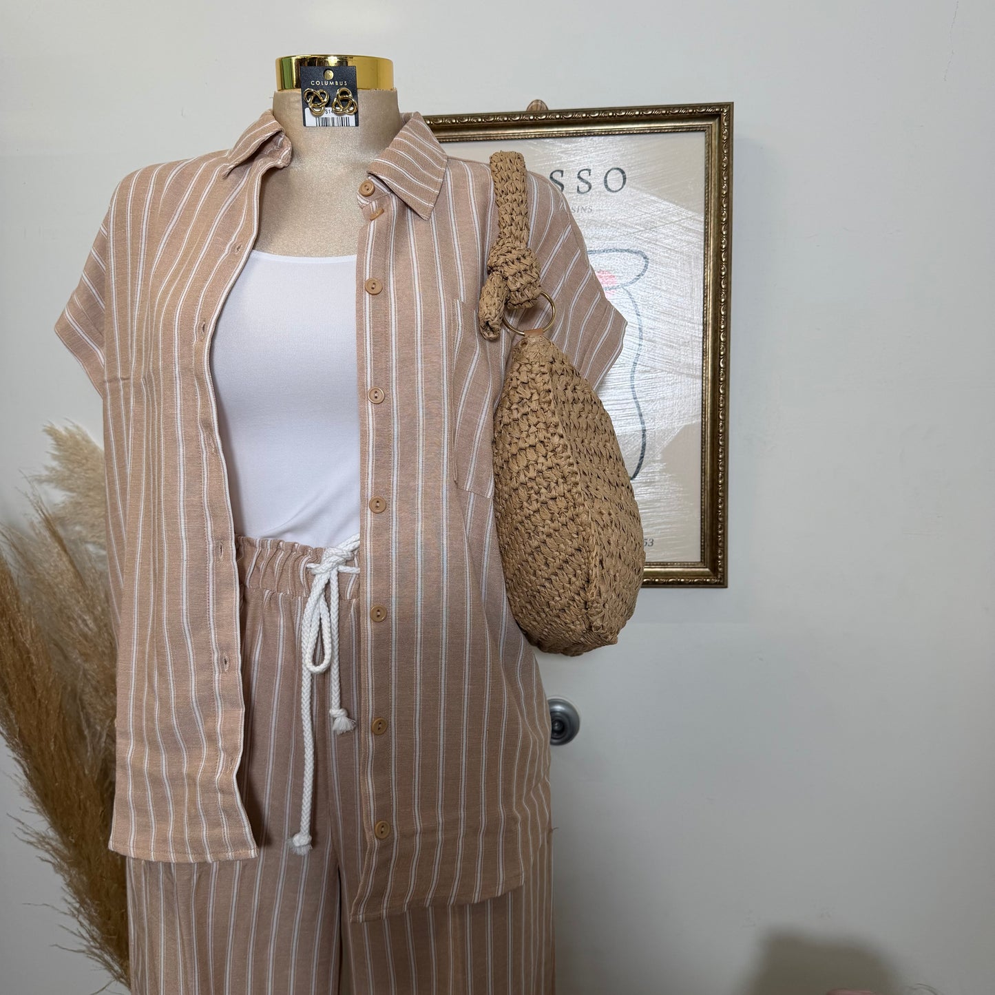 Linen Stripe Button Down Shirts Top and Pant set- Taupe