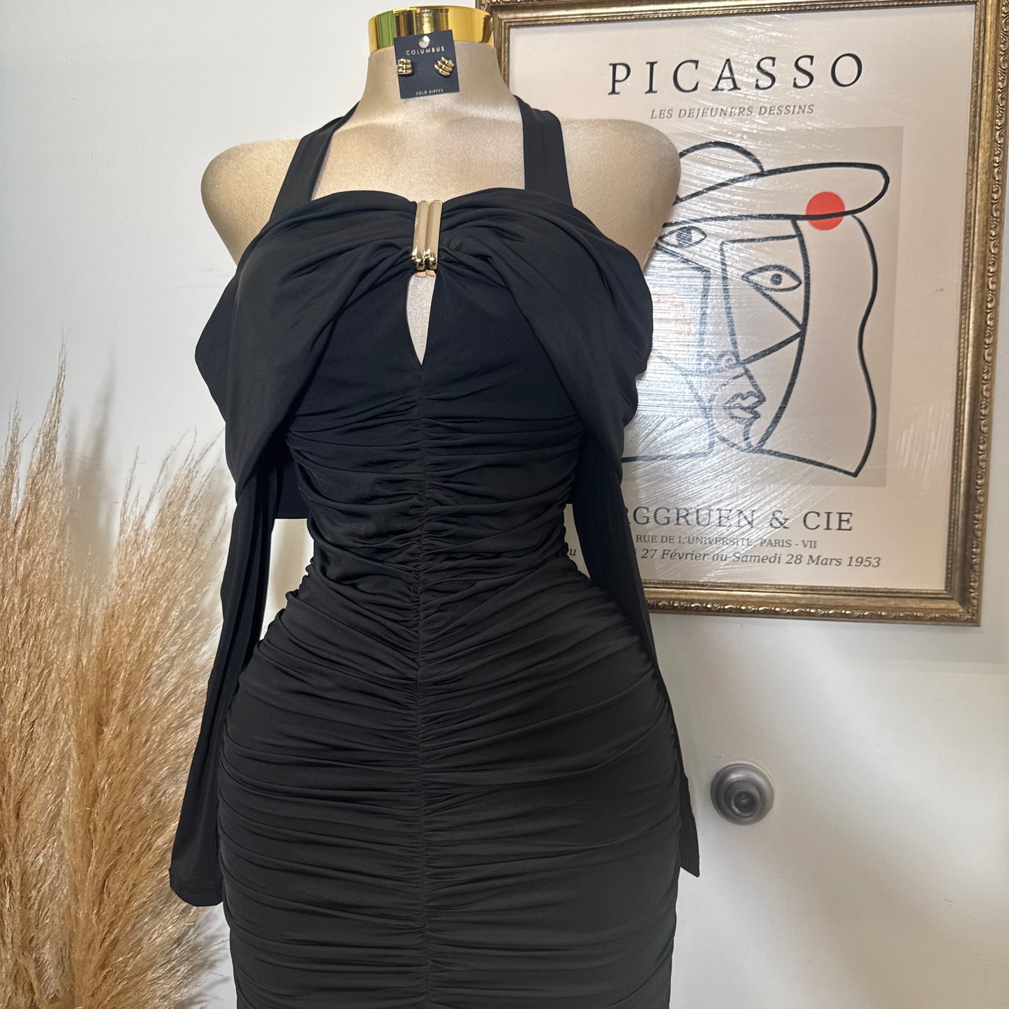 Off shoulder Long Sleeve Halter Midi Dress-Black