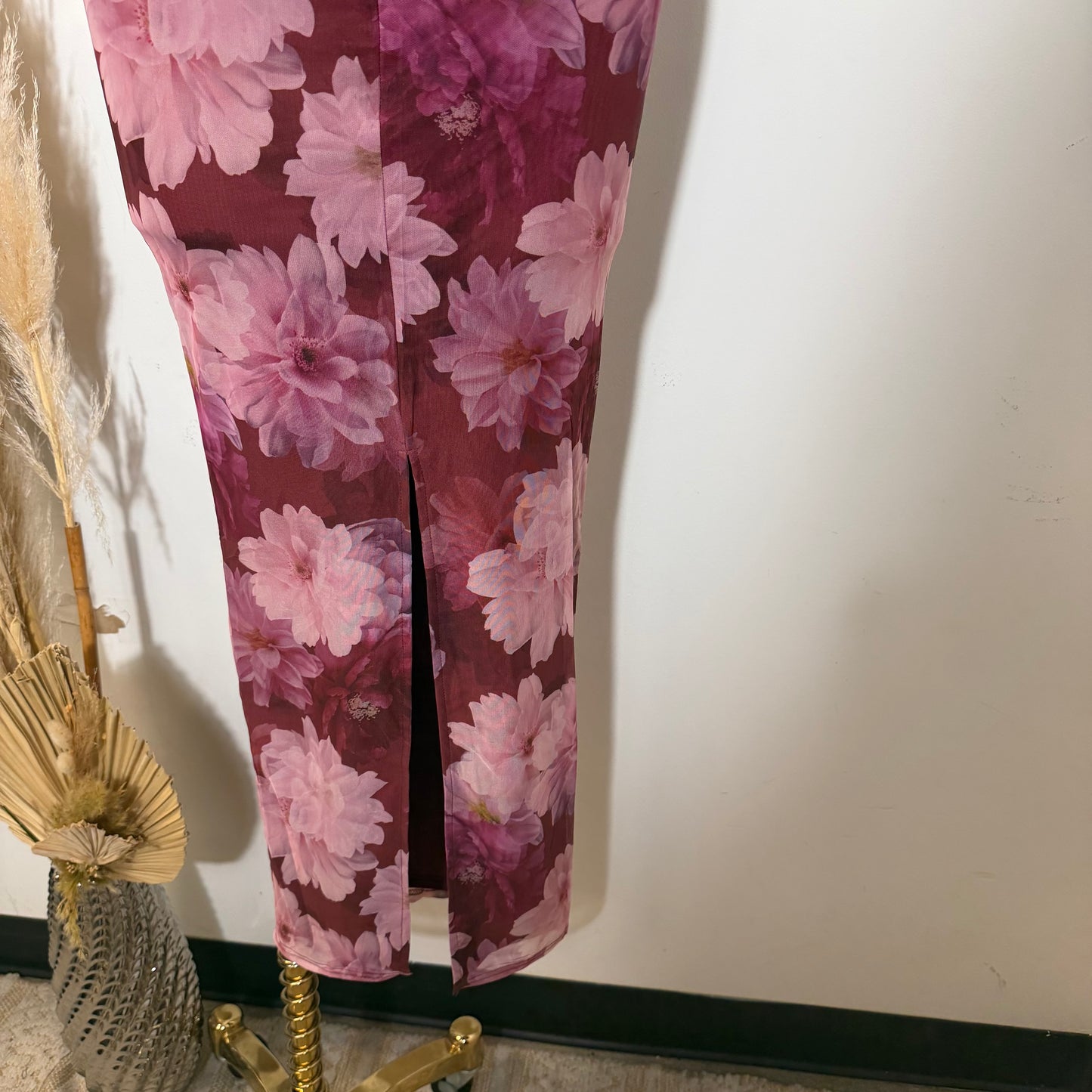 Mesh Print Halter Neck Back slit Maxi Dress-Mauve