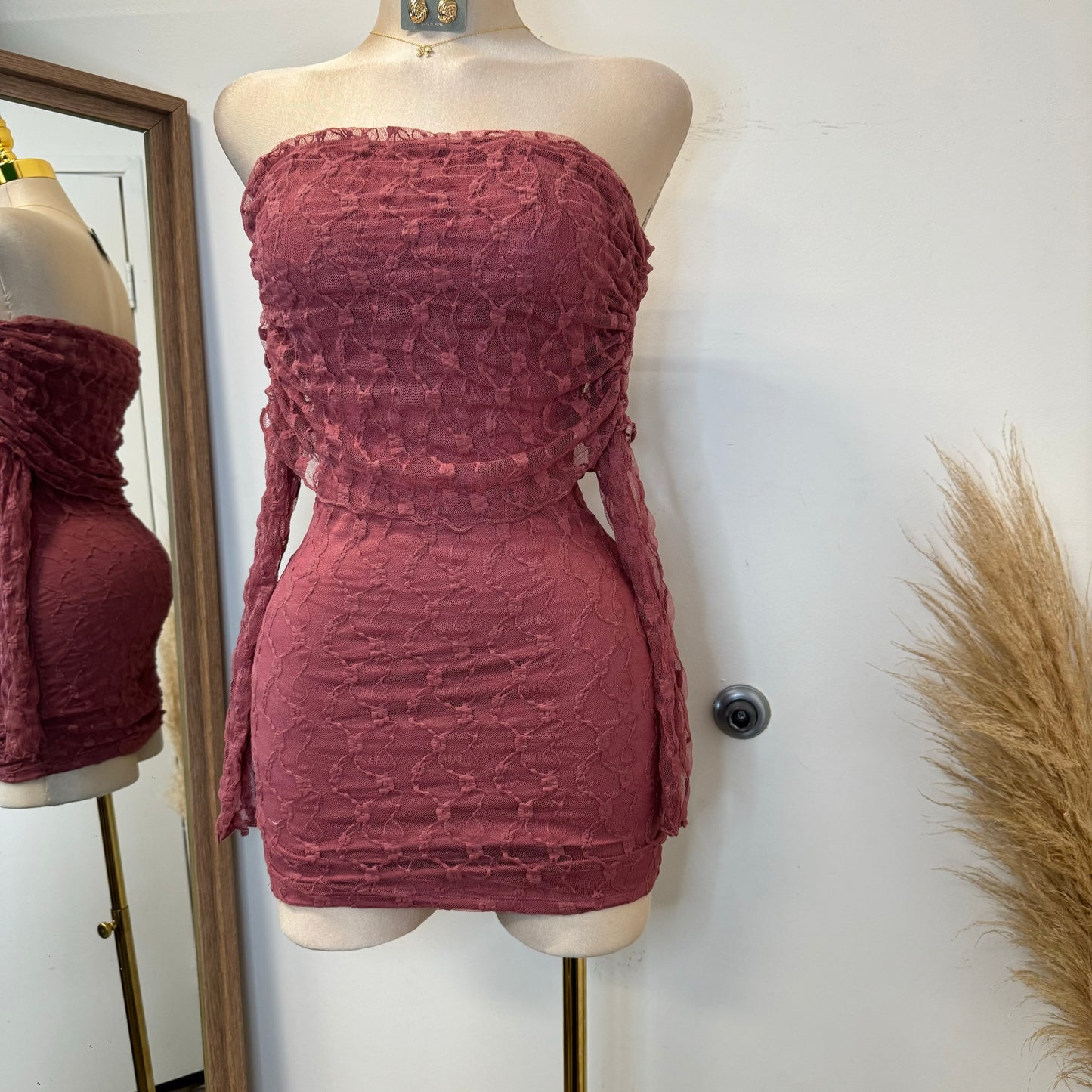 Lace Off shoulder Dress-Pink