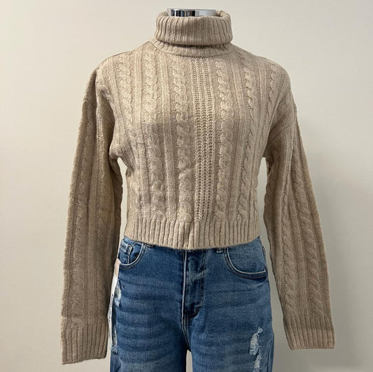 Lea High Neck Cable Knit Cropped Sweater Top- Oatmeal