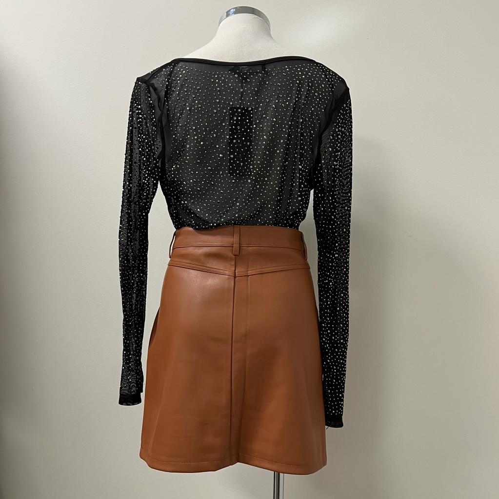 Karl Mini Leather Skirt PL-Brown