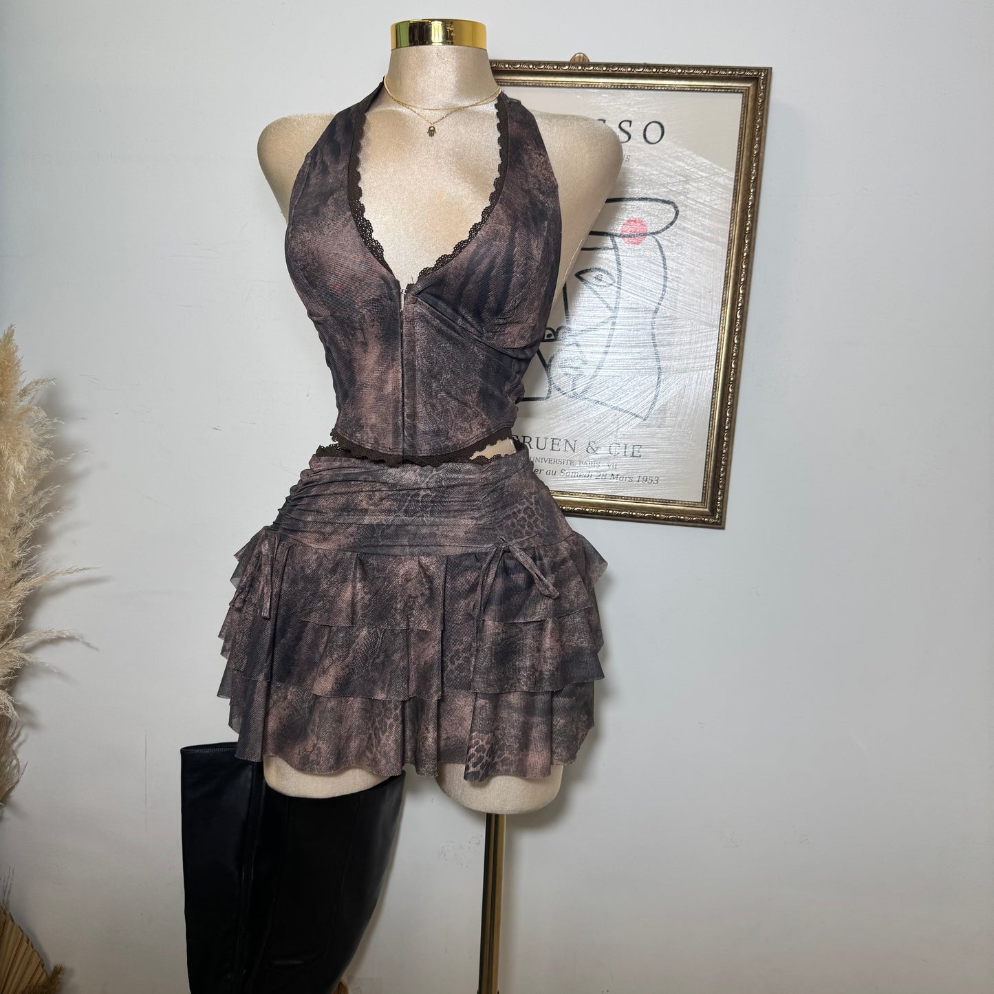 Printed Halter Top and Skirt Set-Chocolate