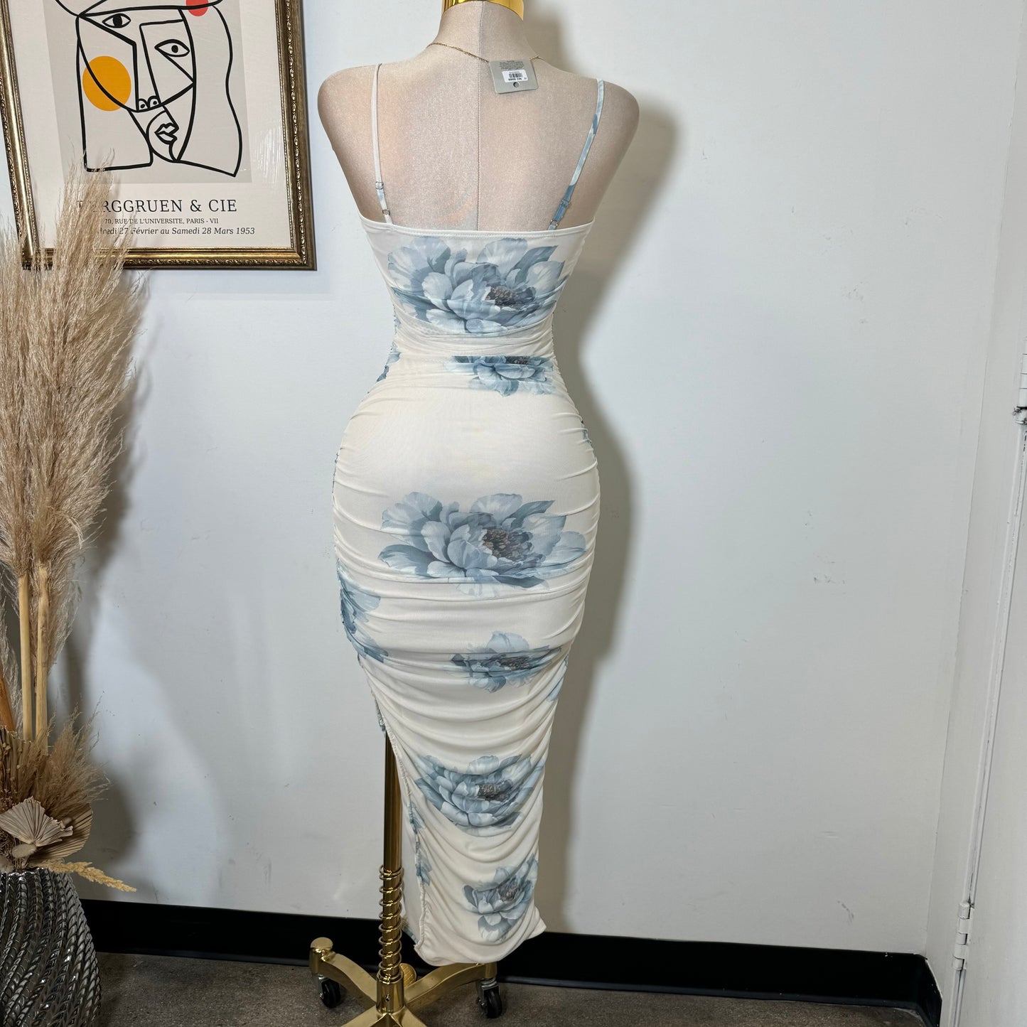 Daisty Ruched Dress-Blue/White