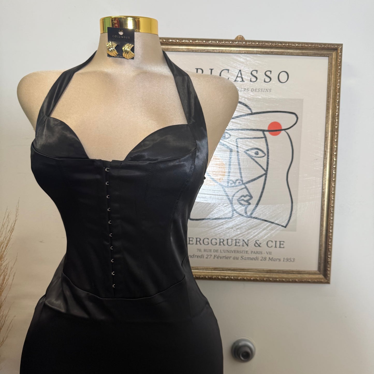 Corset Halter Satin Dress-Black