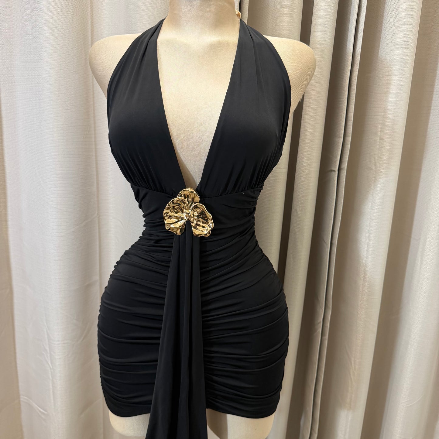 Orchid Halter Ruched front panel Mini Dress-Black
