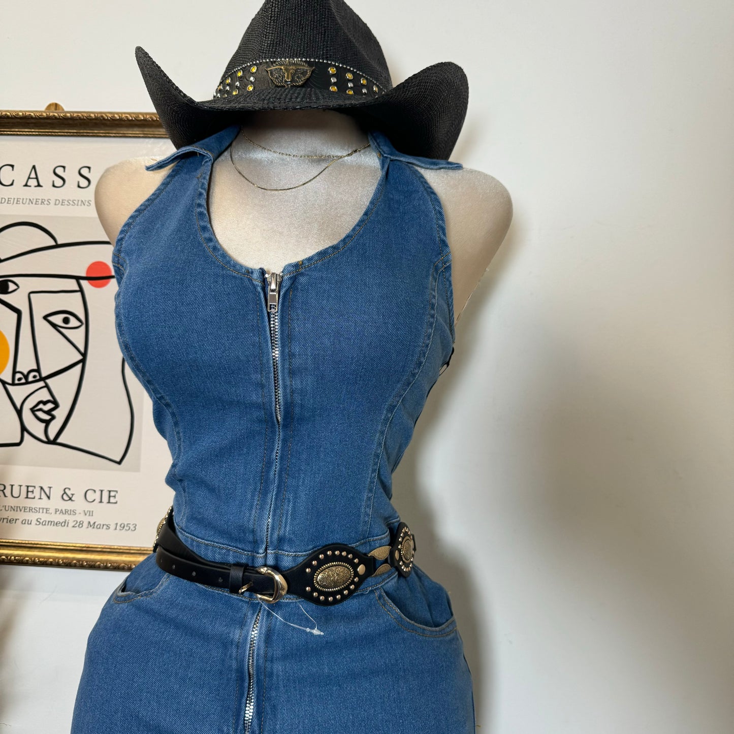 Halter Denim Jumpsuit-Blue
