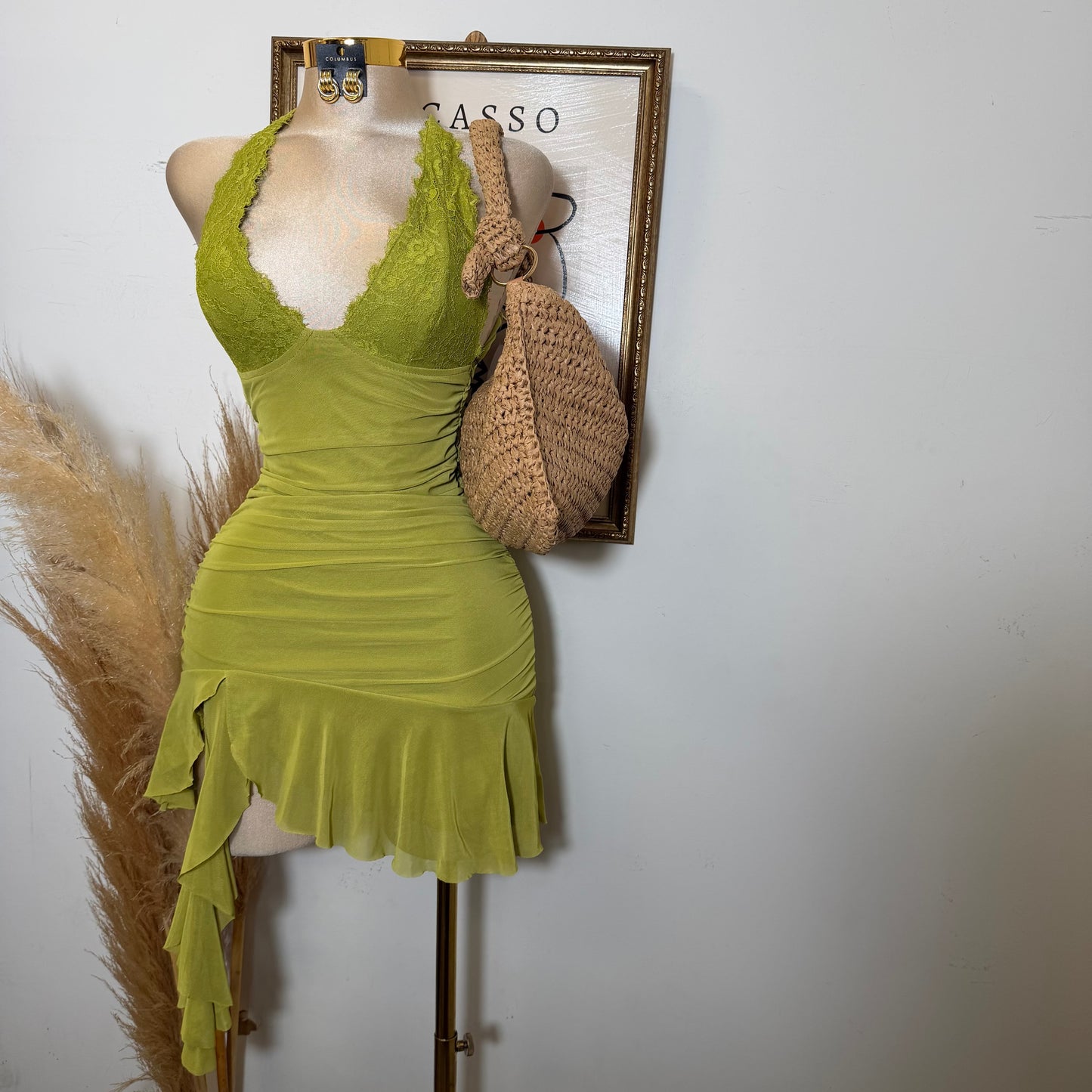 Asymmetrical Ruffle Mini Dress with Cross-Back Straps-Chartreuse