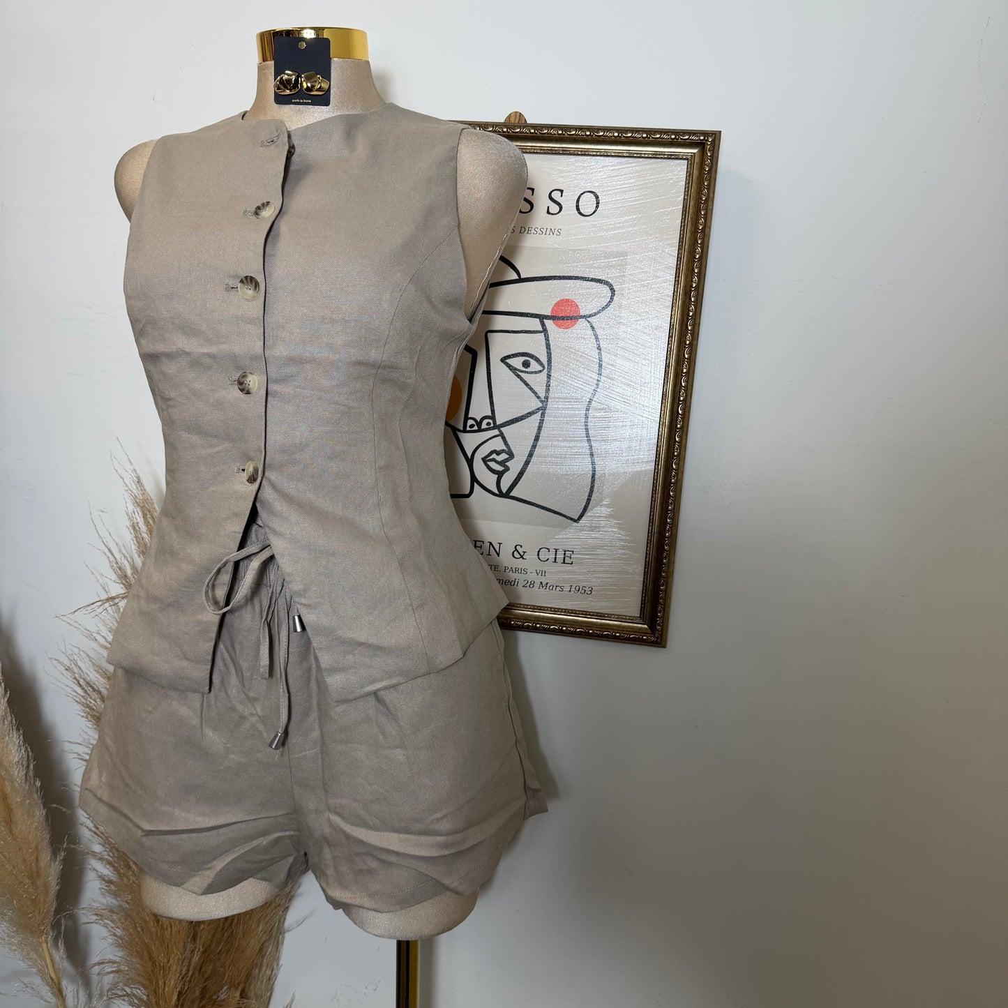 Vest Linen Set Shorts-Mushroom