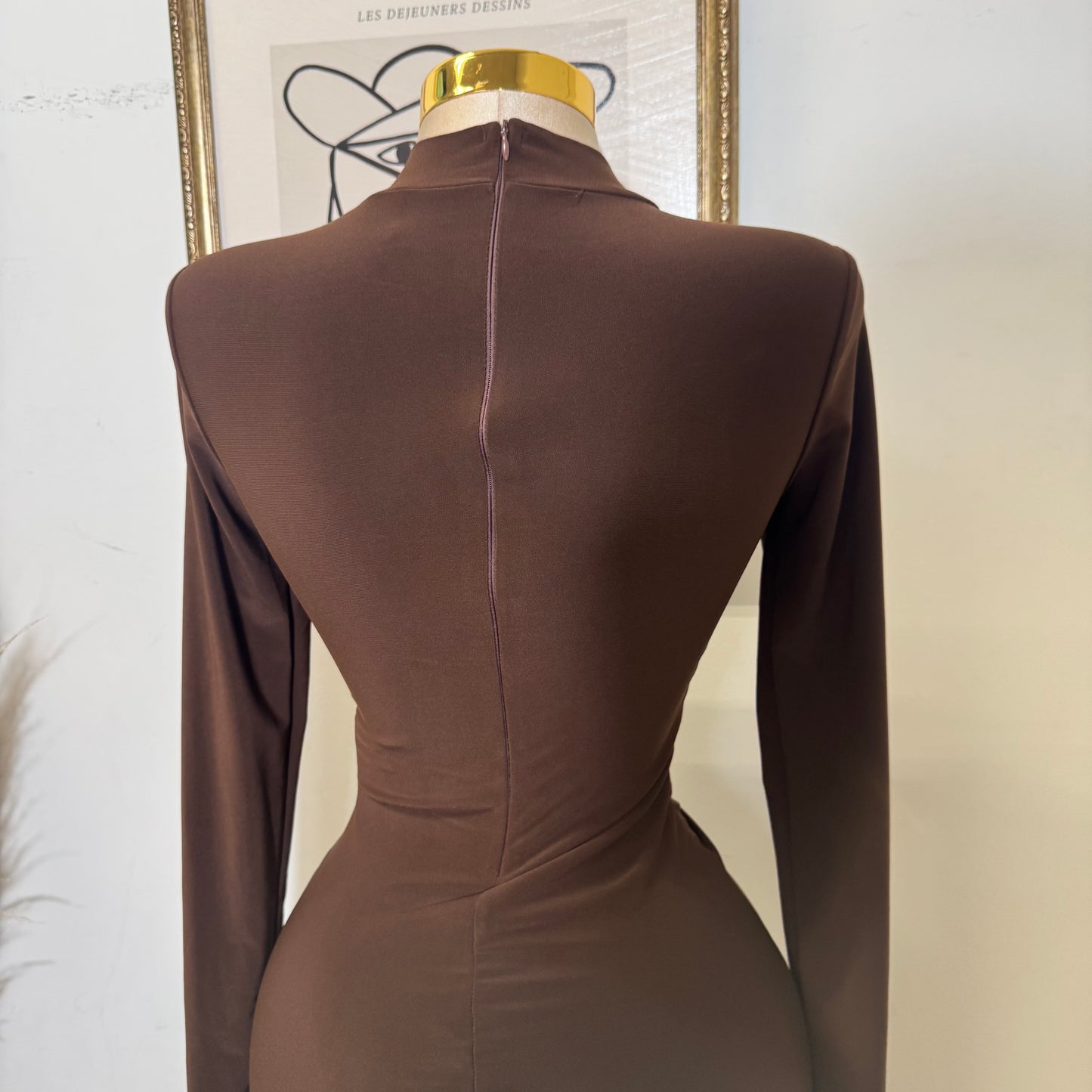 Mock Neck Ruffle Midi Dress-Brown