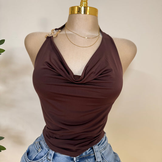 Halter Cowl Top Plus Size -Brown