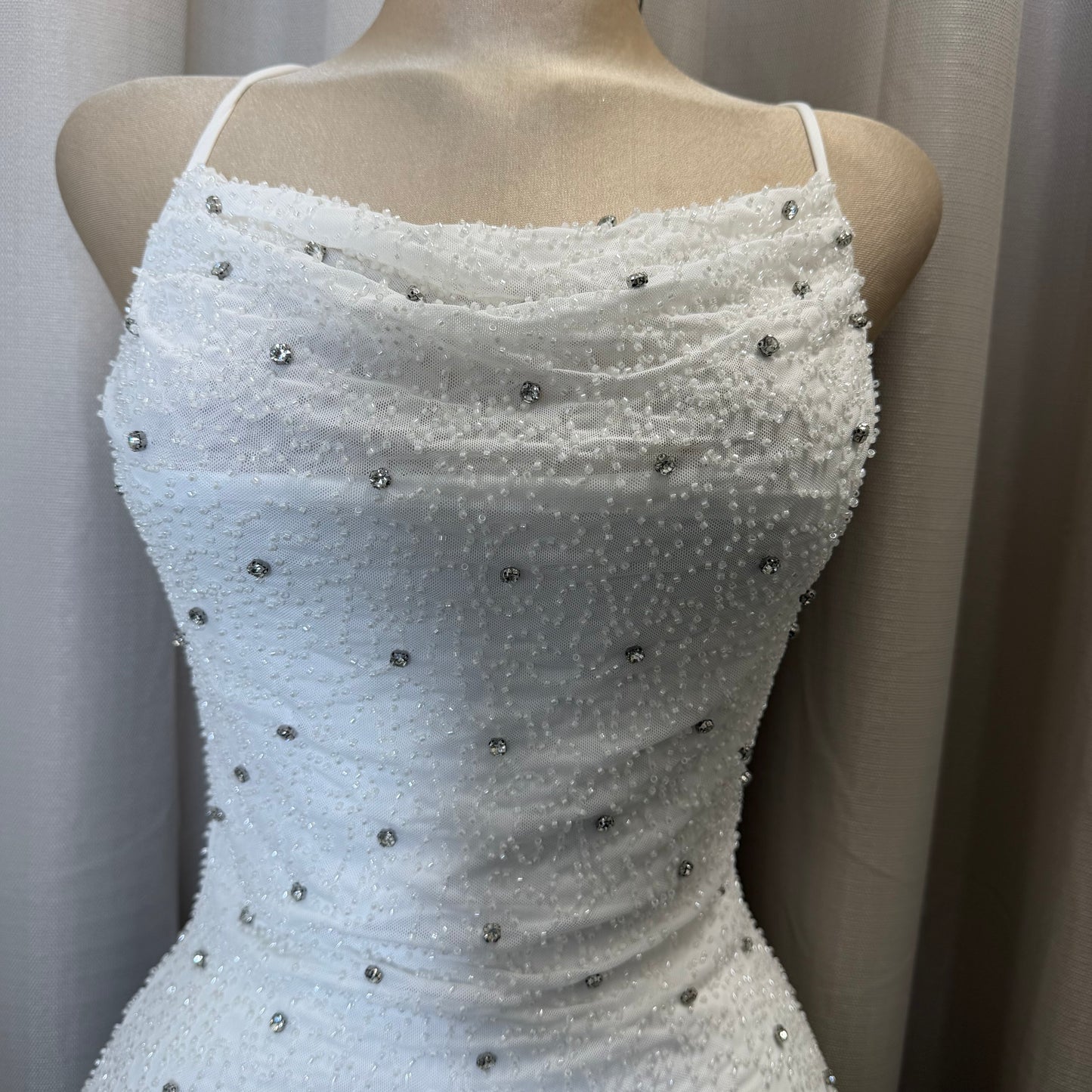 Power Mesh w/ Rhinestone Mini Dress-White