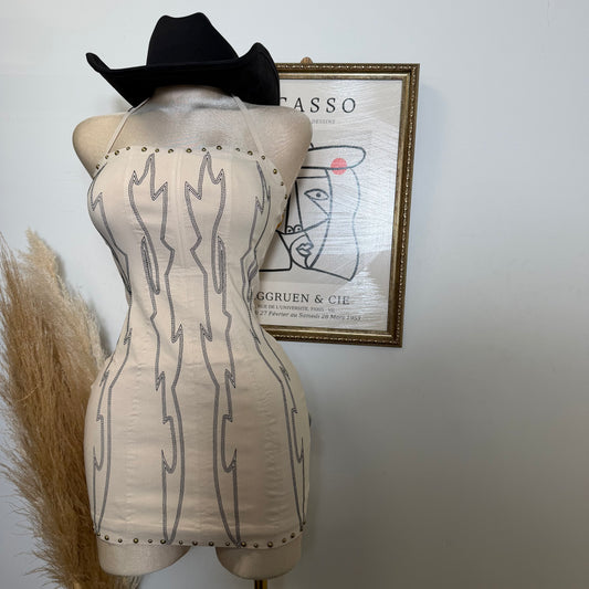 Stretch Embroidered Western Mini Halter Dress-Cream