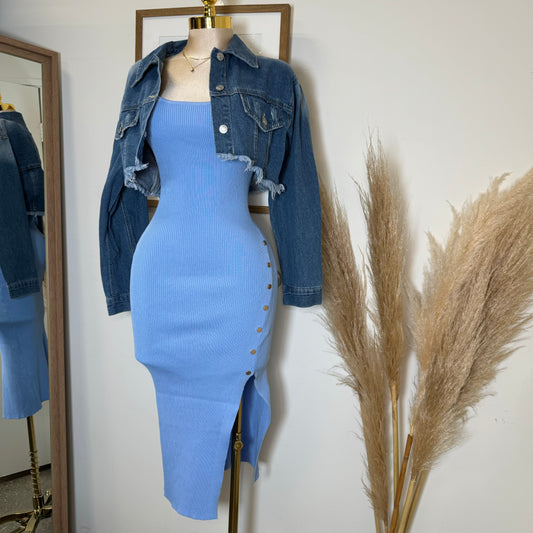 Cielito Open Slit Ribbed Midi Dress-Blue