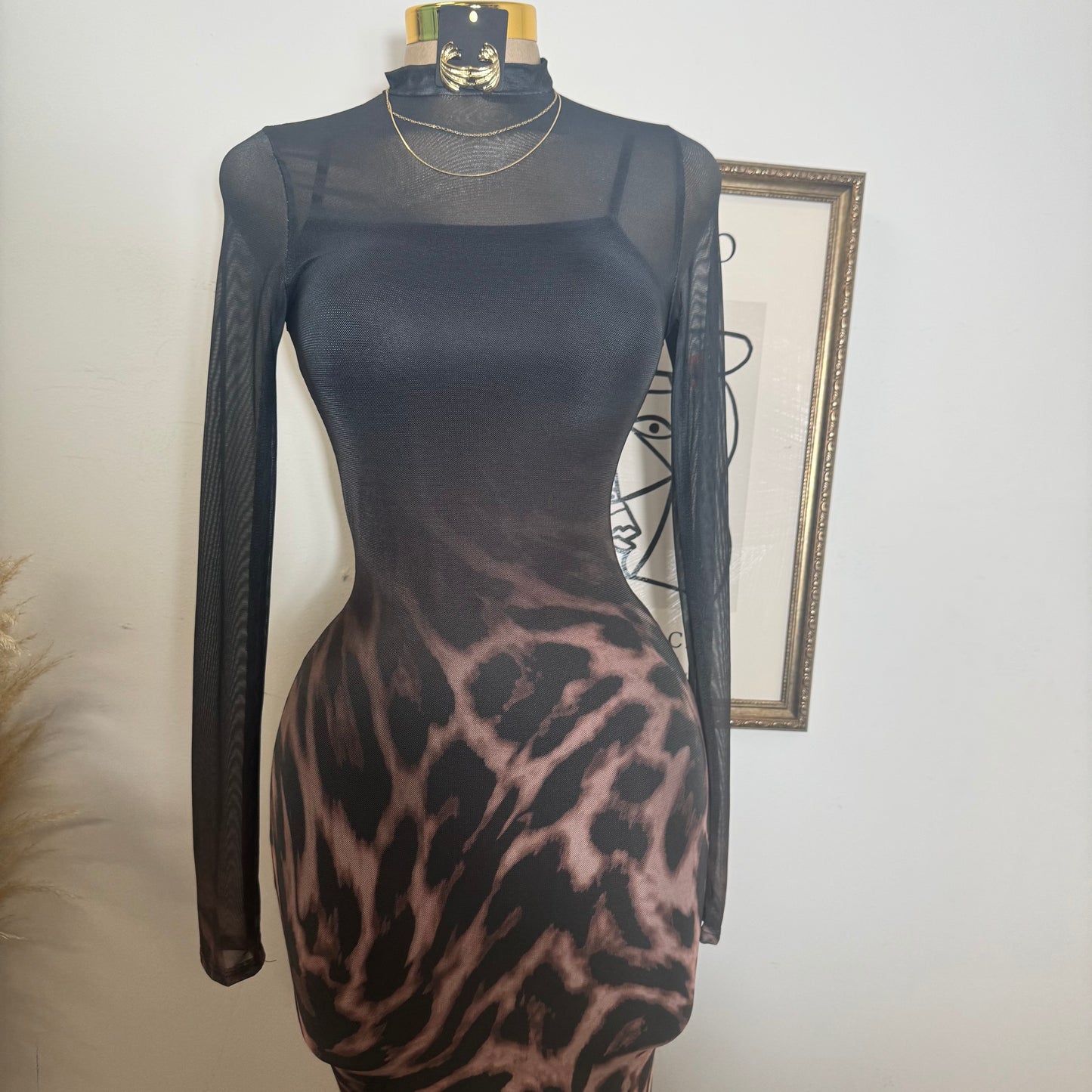 Animal Ombré Midi Mesh Dress-Black/Brown