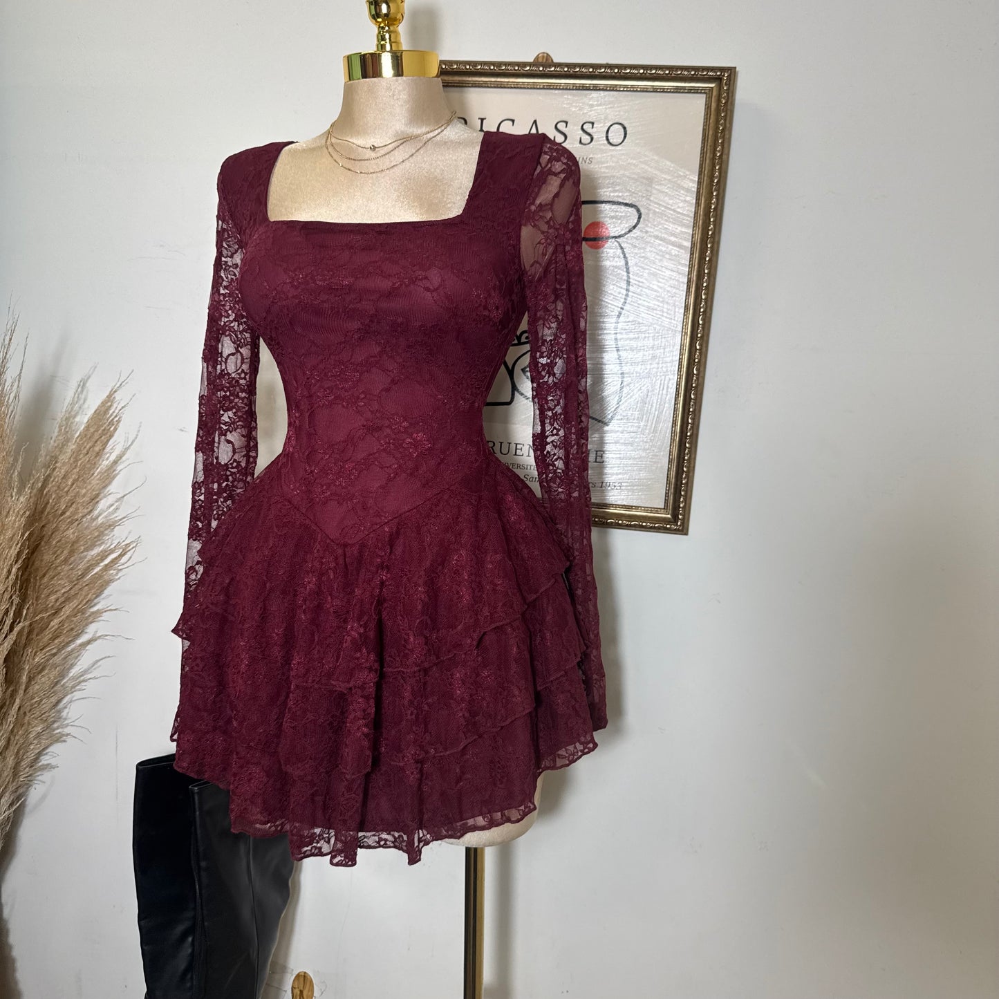Lace Long Sleeve Ruffle Layered Mini Dress-Burgundy