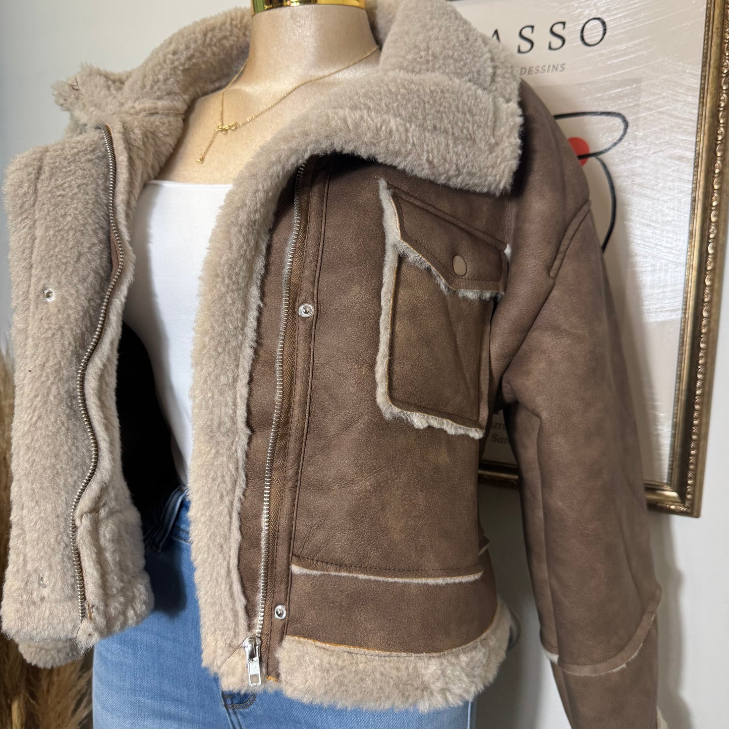 Long Sleeve Pocket Detail Faux Leather Inner Fur Jacket-Brown