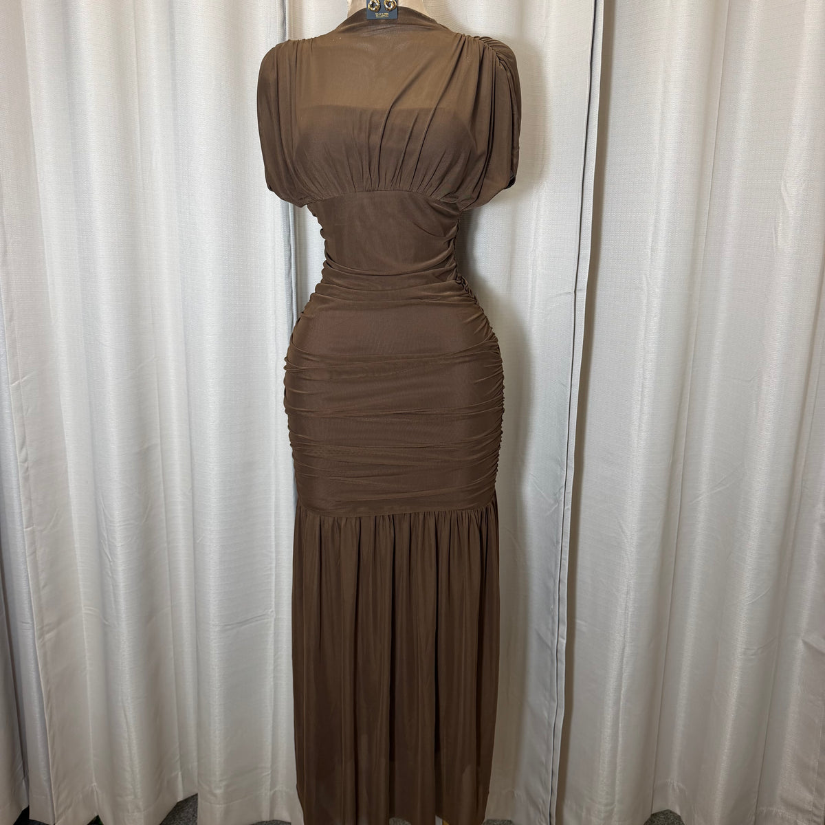 Mesh & Knit Mix Long Dress-Brown