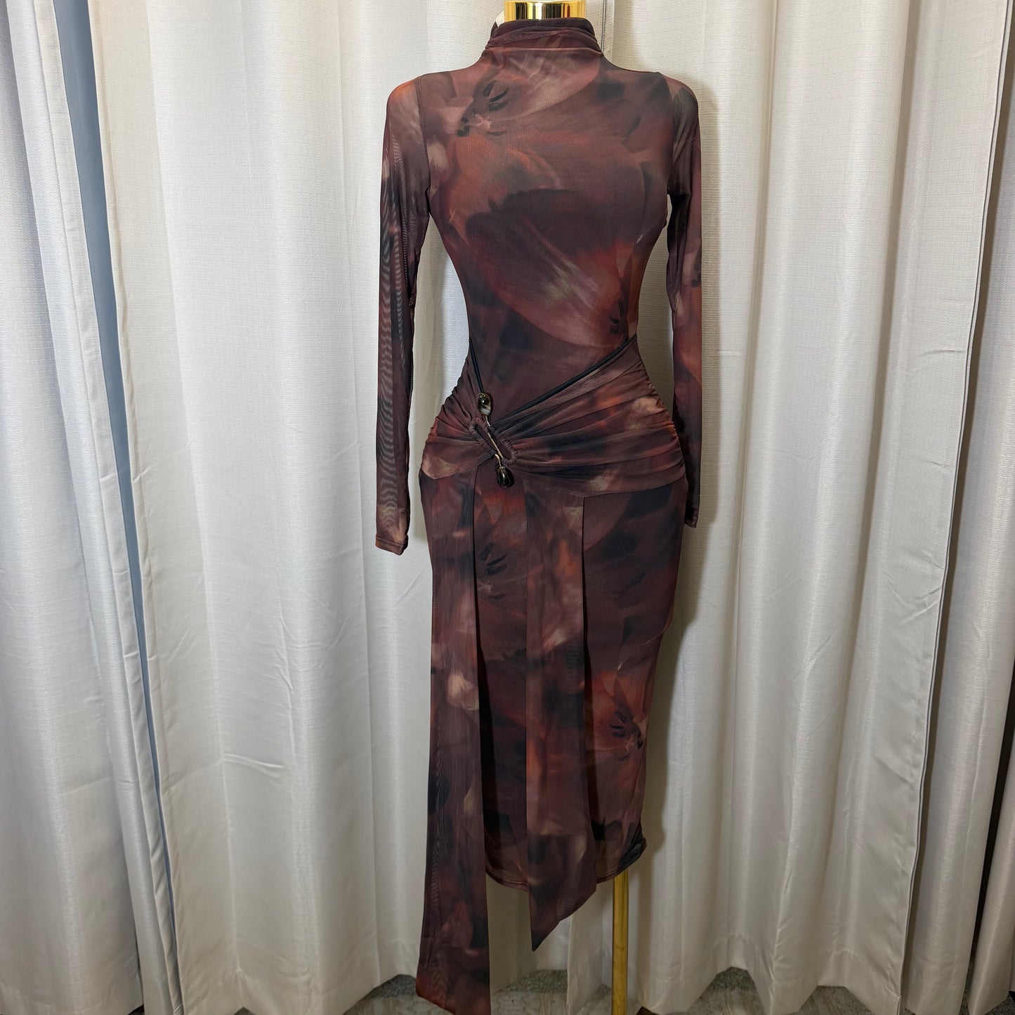 Long sleeve Front Sash Midi Dress-Multi Colored
