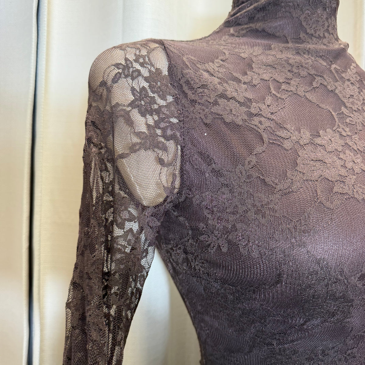 Long Sleeve lace front  Sash With Trim Detail Mini Dress-Brown