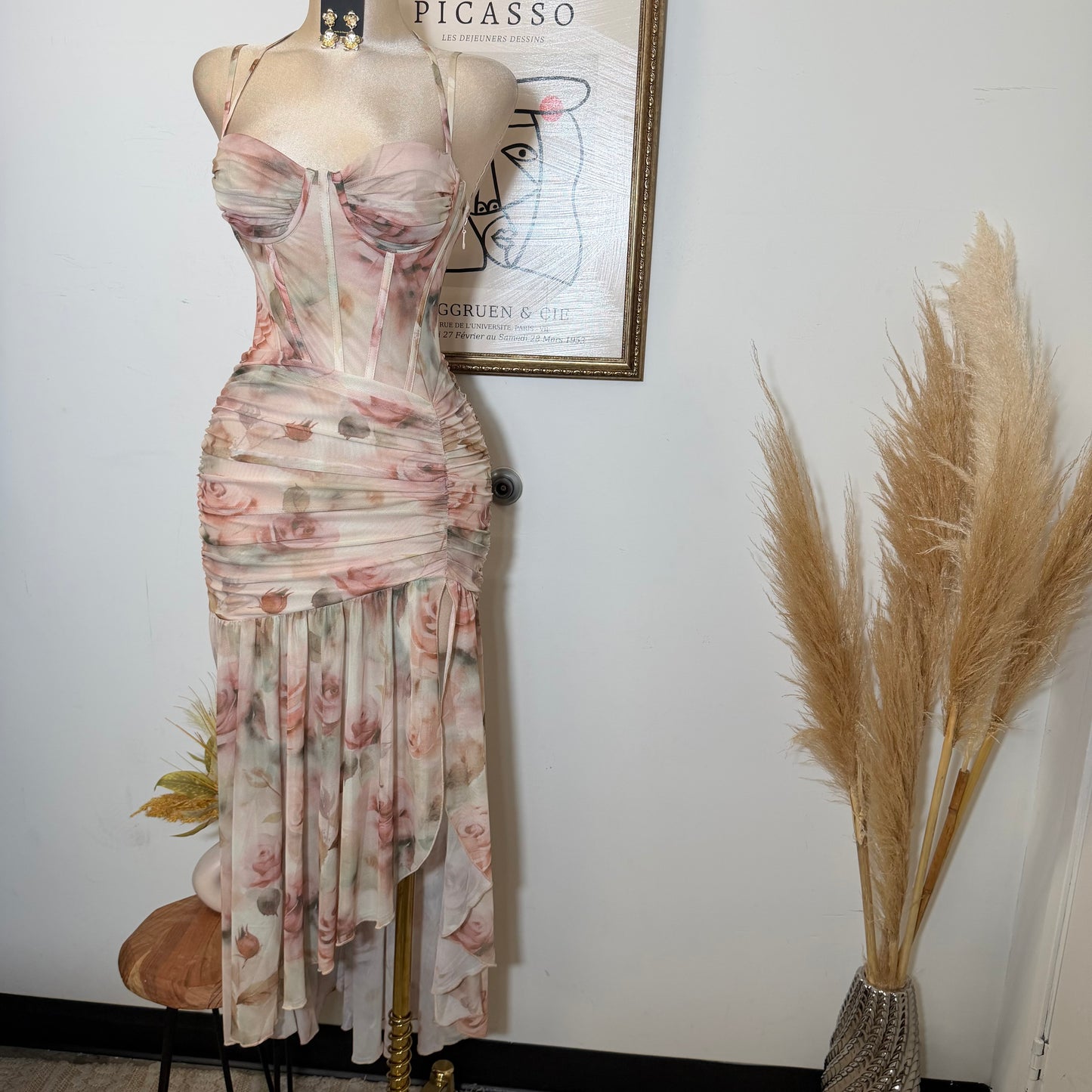 Ruched Asymmetric Corset Gown in Floral Mesh Print-Peachy /Nude