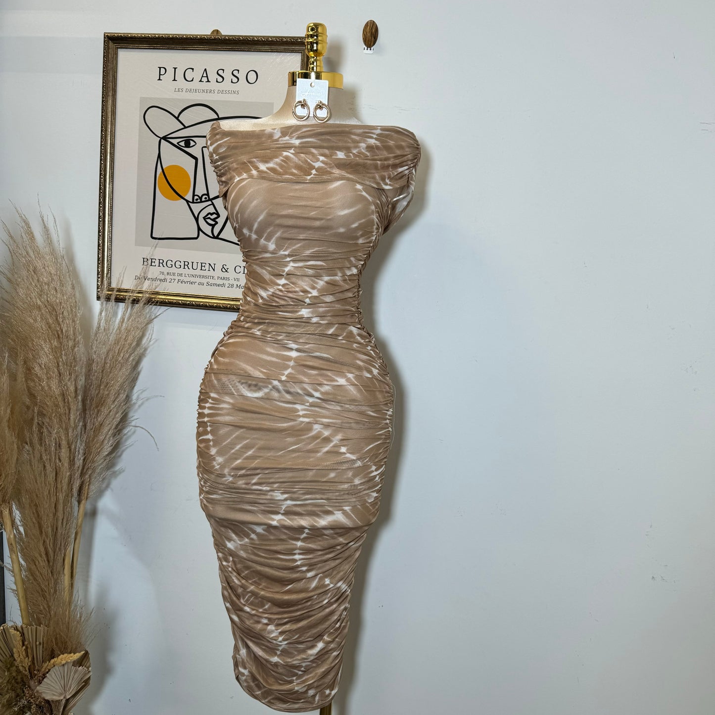Off Shoulder Mesh Dress-Brown