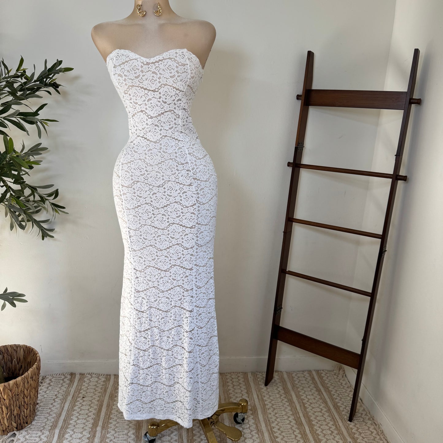 Lace Strapless Maxi Dress-White
