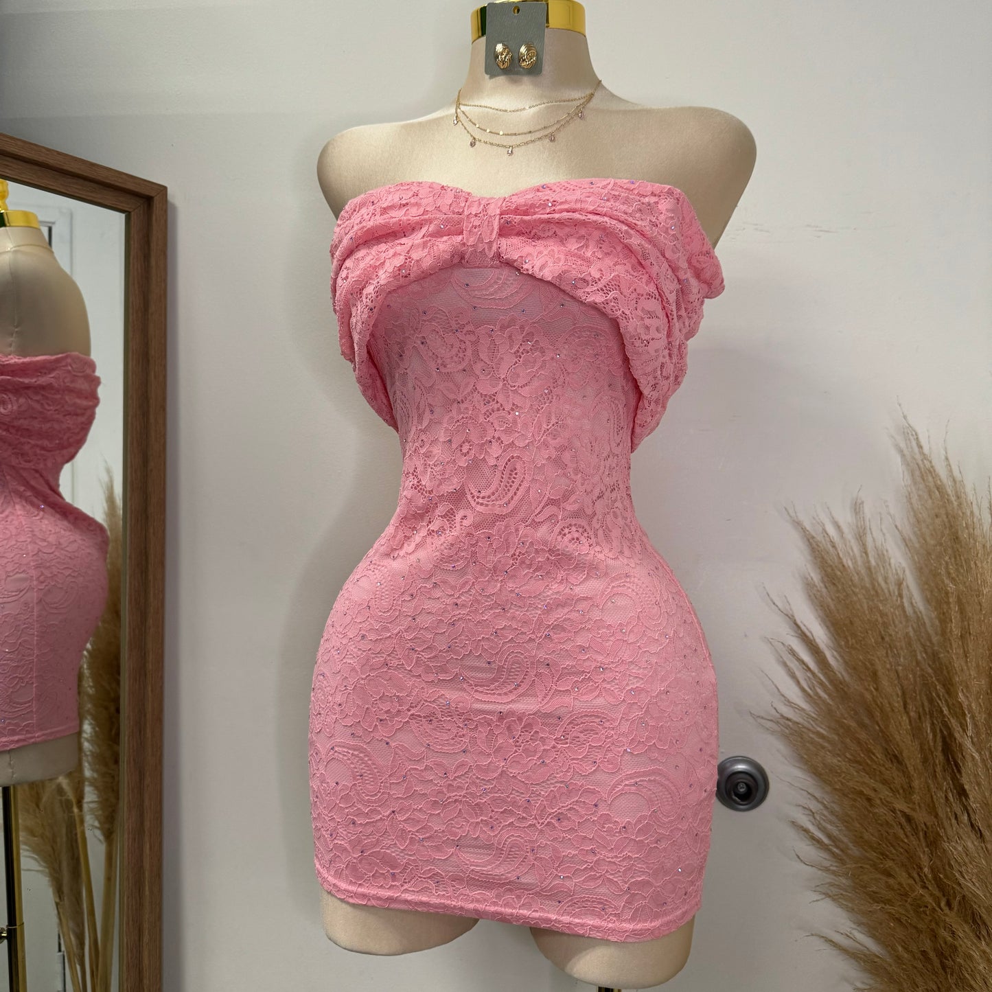 Bow Lace Rhinestone Dress-Pink