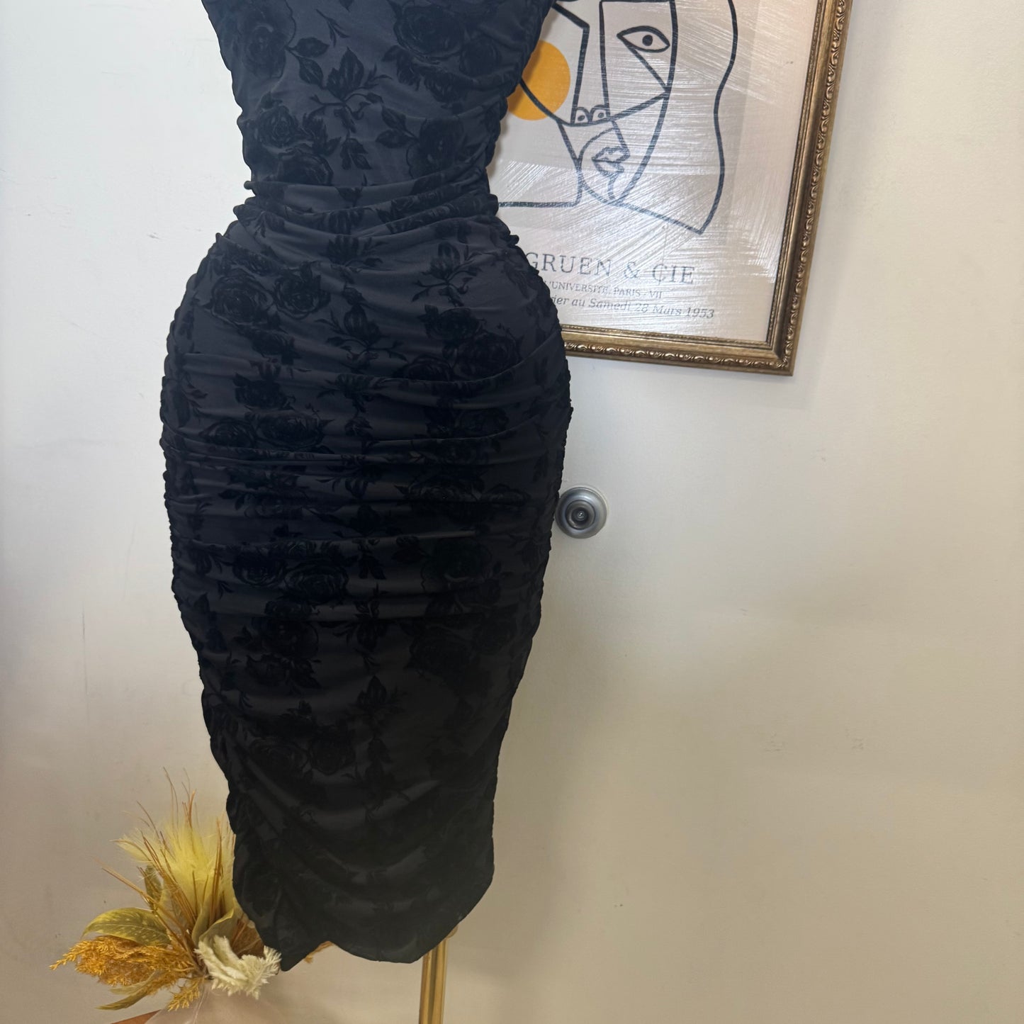 Off the shoulder Ruched Midi Dress- Black