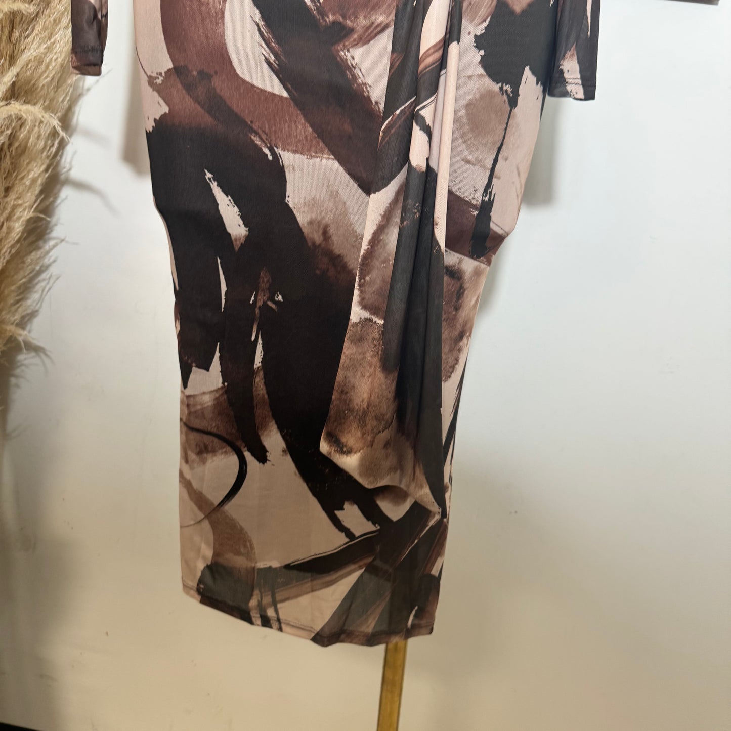 Multi Colored Front Sash Mock Neck Midi Dress-Brown