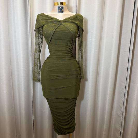 Off Shoulder Midi Dress-Olive