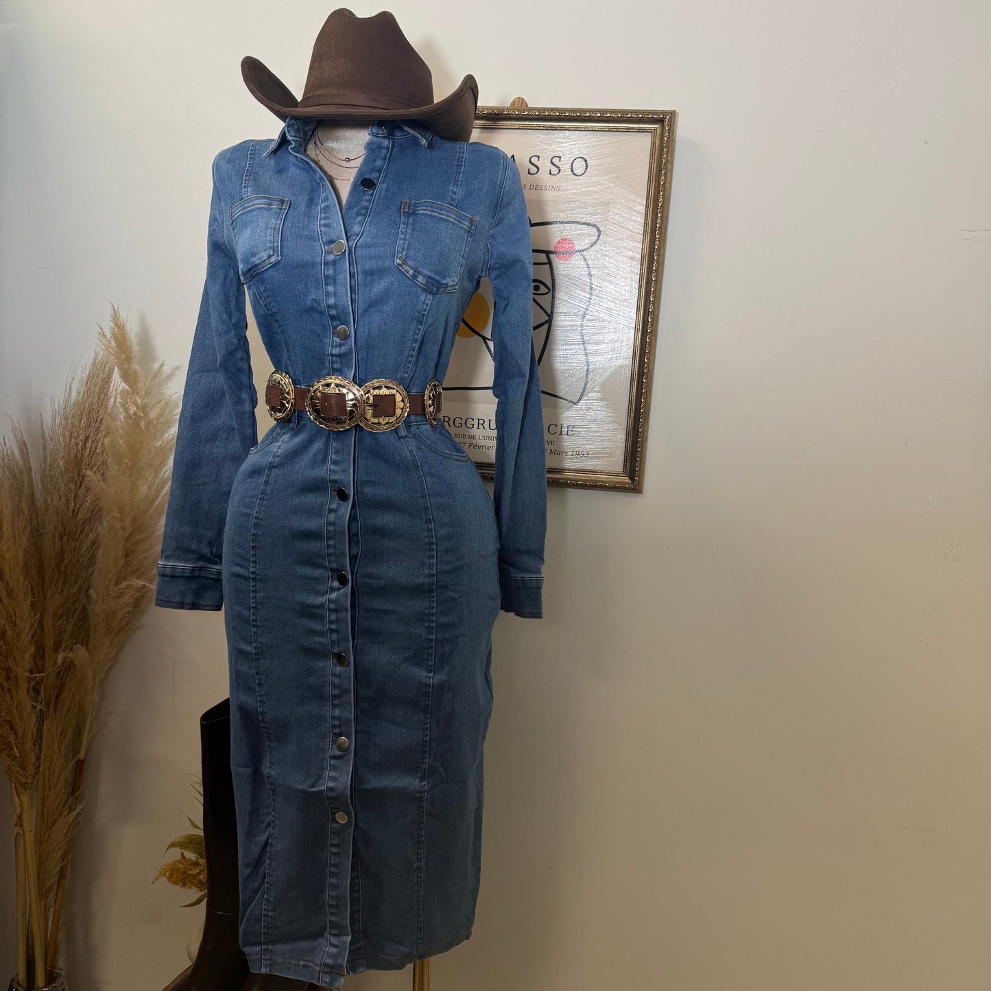 Denim Button Long Dress-Medium Wash
