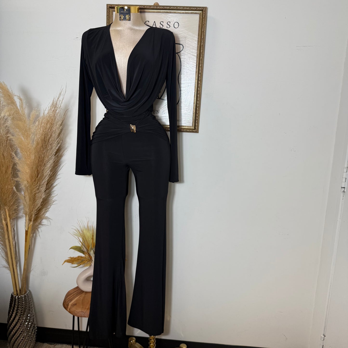 Long Sleeve Crop Top Pant Set-Black