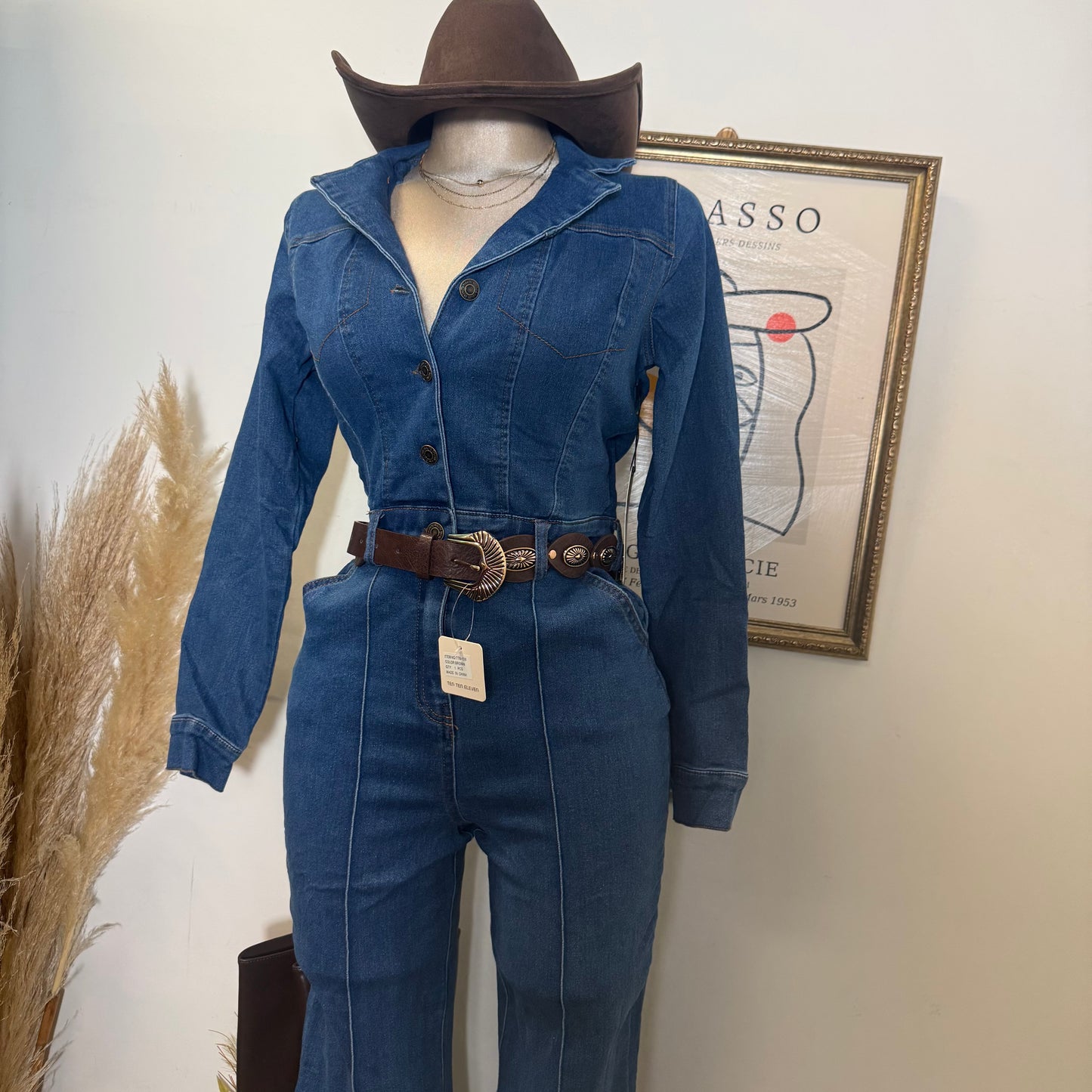 Denim Button Long Sleeve Jumpsuit -Dk denim