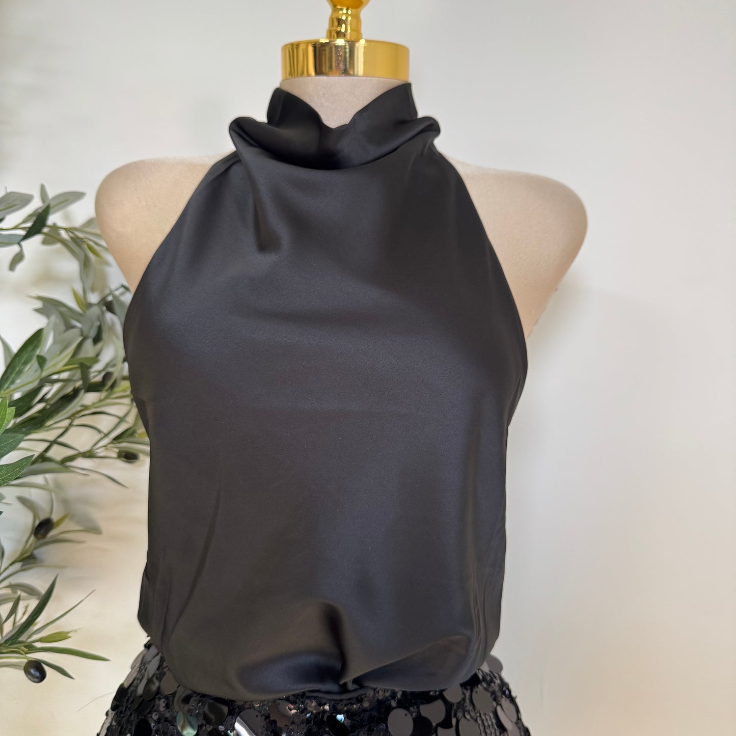 Satin Halter Open Back Top-Black