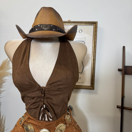 Madi Faux Suede Lace-Up Halter Top-Brown