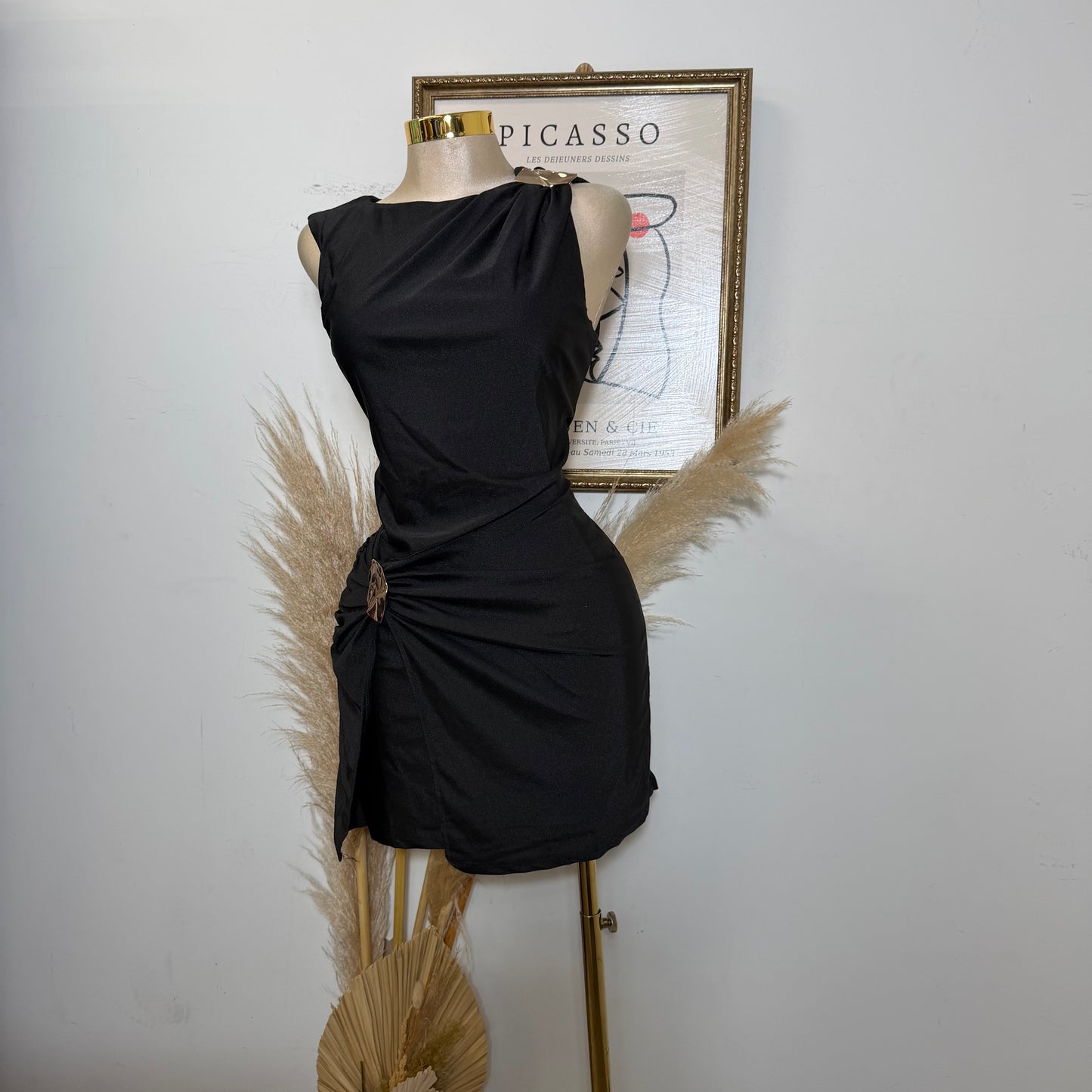 Draped Gold Toned Buckle Mini Dress-Black