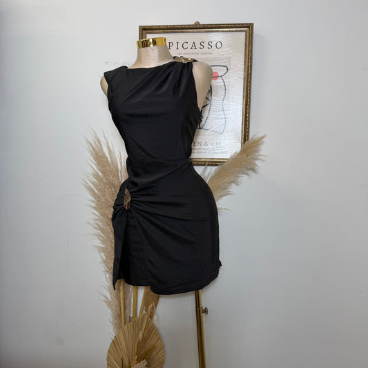 Draped Gold Toned Buckle Mini Dress-Black