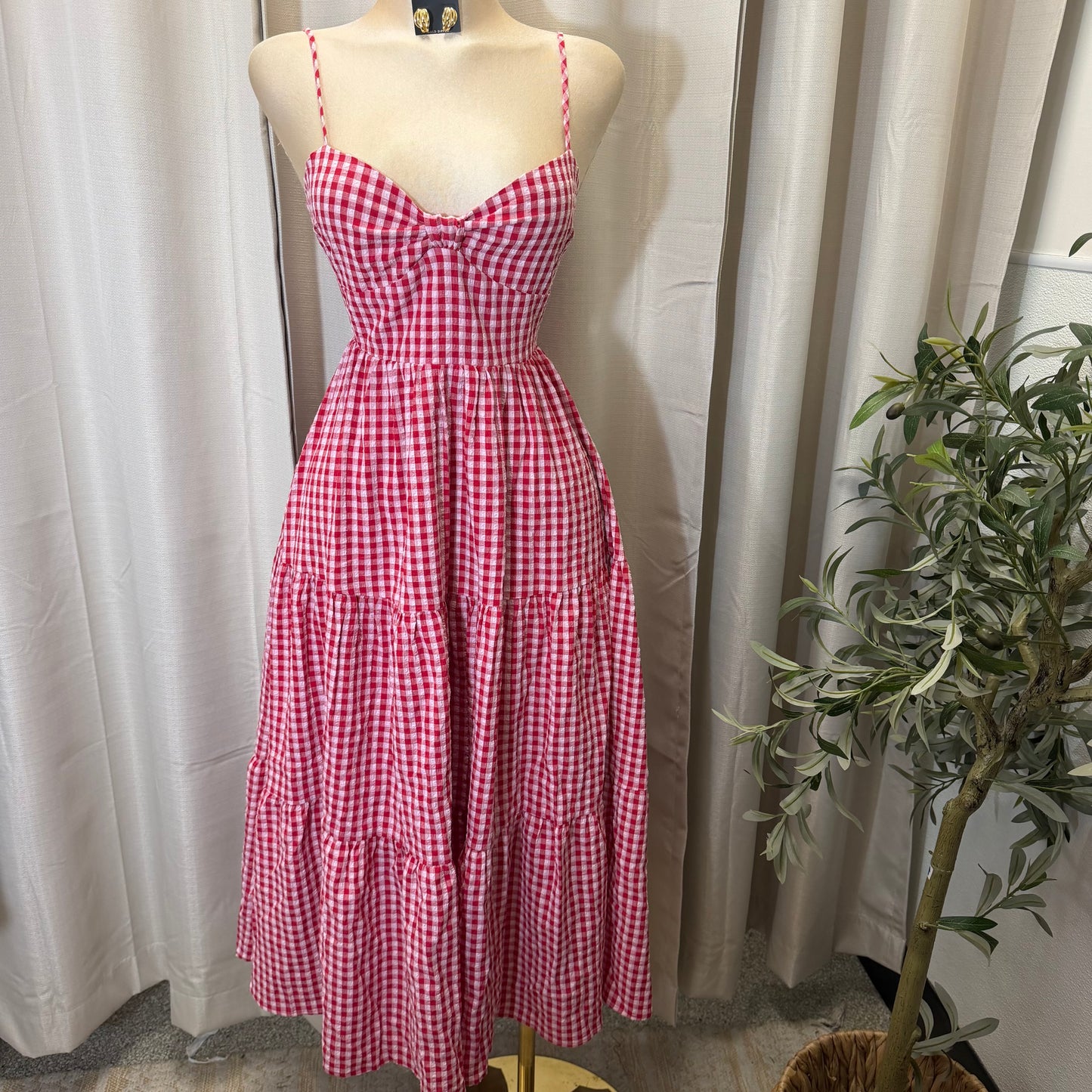 Gingham Poplin Bow bust Tie back Tiered Maxi Dress-Red