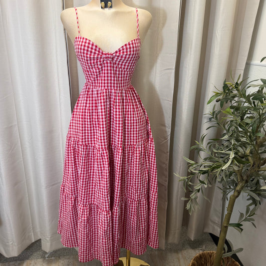 Gingham Poplin Bow bust Tie back Tiered Maxi Dress-Red