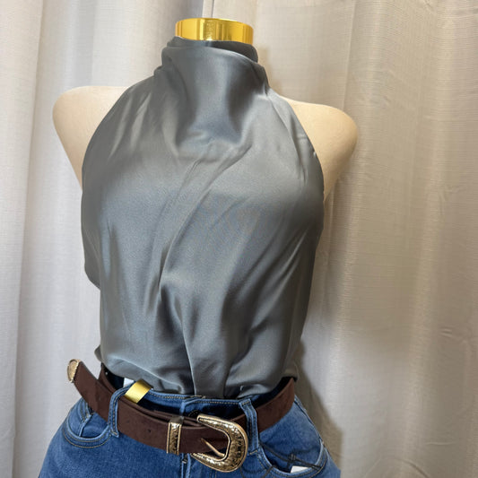 Satin Halter Top-Olive Sage green